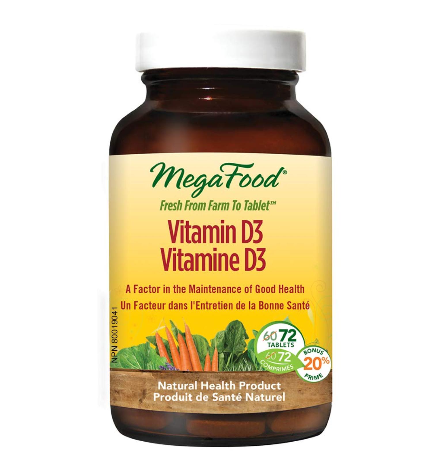 MegaFood - Vitamin D3 A Factor in the Maintenance of Good Health 72 Count Vitamin D 72 Tablets