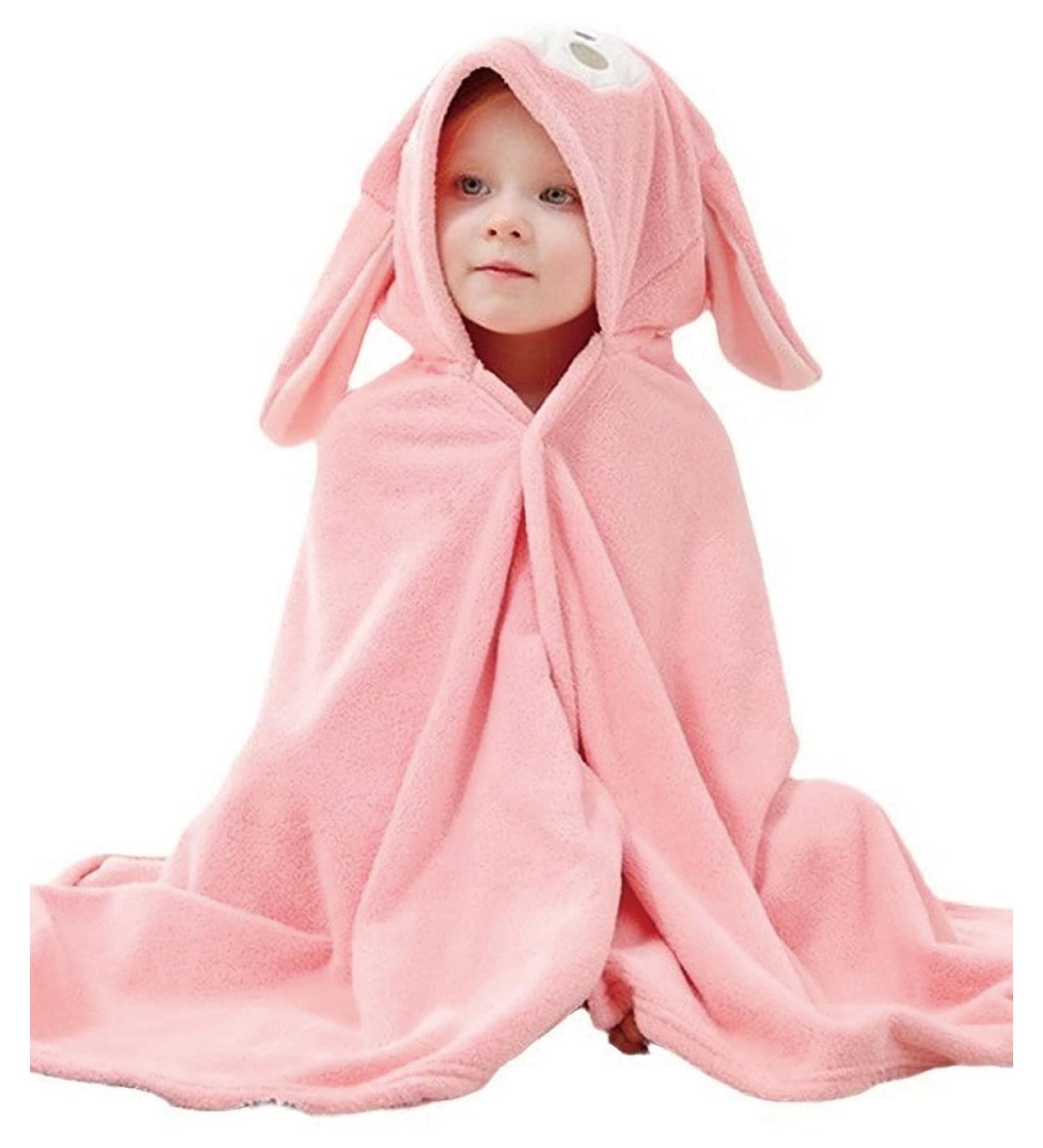 Gneliwm Baby Hooded Bath Towel Swaddle Wrap Blanket - Ultra Soft Absorbent Coral Velvet Poncho for Newborn, Infant, Toddler - Pink Rabbit - Buy Online on SooperMarket.com