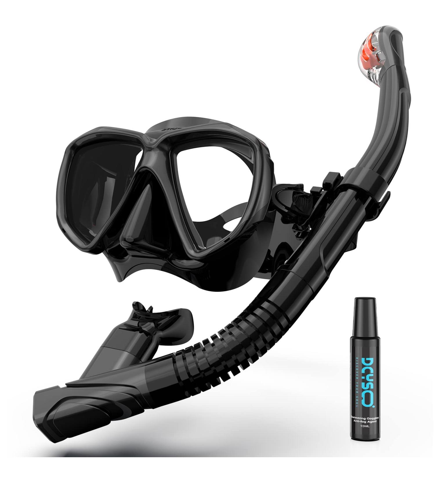 Adults' Snorkel Set with Anti-Fog Spray | Adjustable Panoramic Swim Mask | Dry Top Snorkel Kit for Diving and Swimming | Tempered Glass Scuba Mask in Black - Buy Online on SooperMarket.com