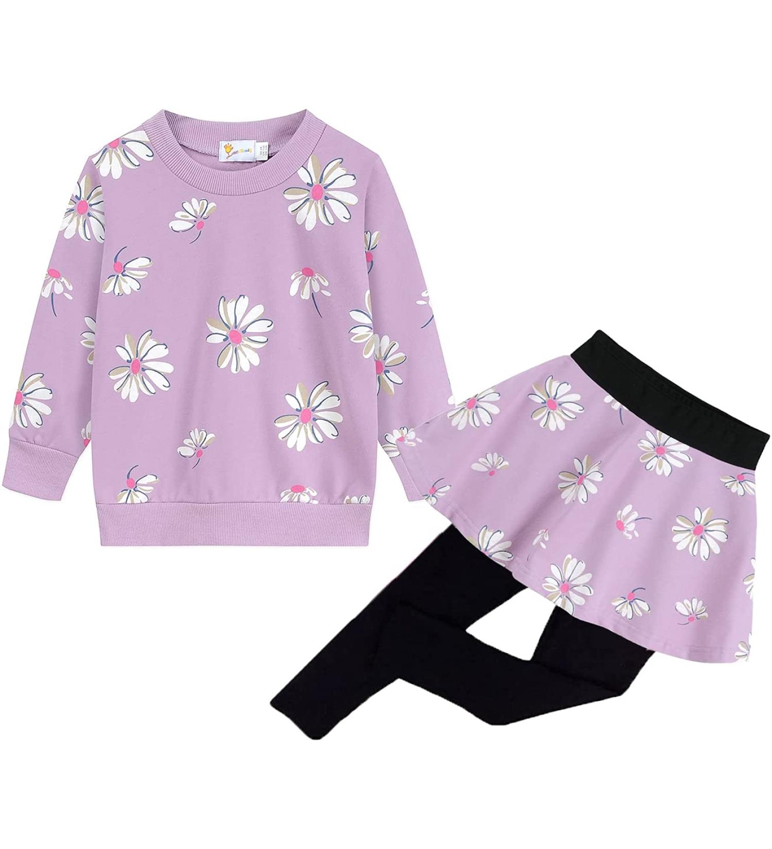 Little Girls Floral Print Outfit Set | Heart Print Sweatshirt Tops and Leggings Skirt | 7-8 Years | #1 Flower - Buy Online on SooperMarket.com