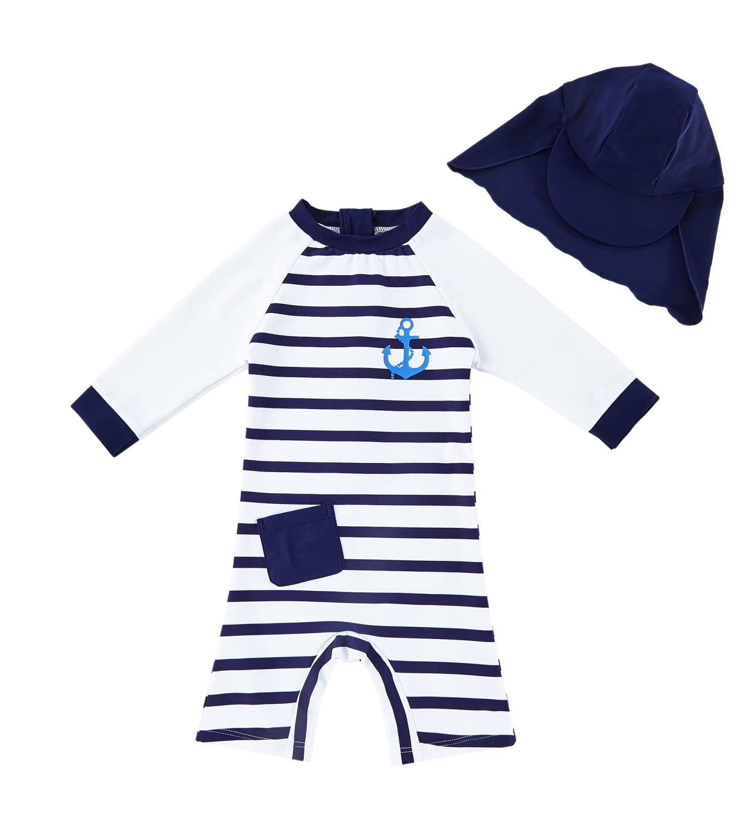 UPF 50+ Baby Boy Swimwear Set with Sun Hat | Navy Stripe | 6-9 Months - Buy Online on SooperMarket.com