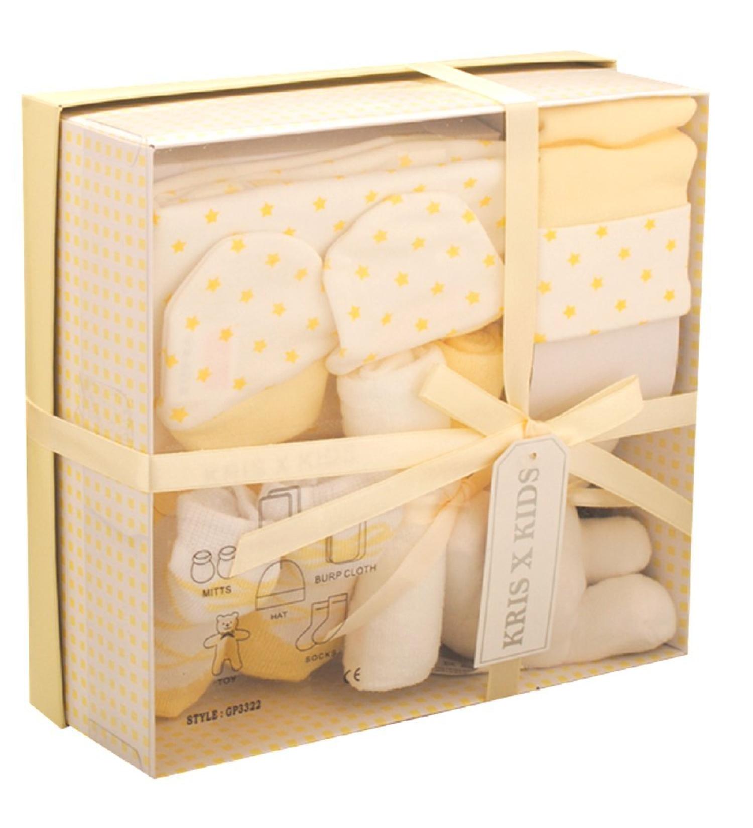 Newborn 7 Piece Luxury Boxed Gift Set each box contains 1 x Teddy 1 x Hat 1 x Pair of Mittens 2 x Wash Cloths 1 x Pair of Socks and 1 x Burp Cloth Lemon set Stars Lemon