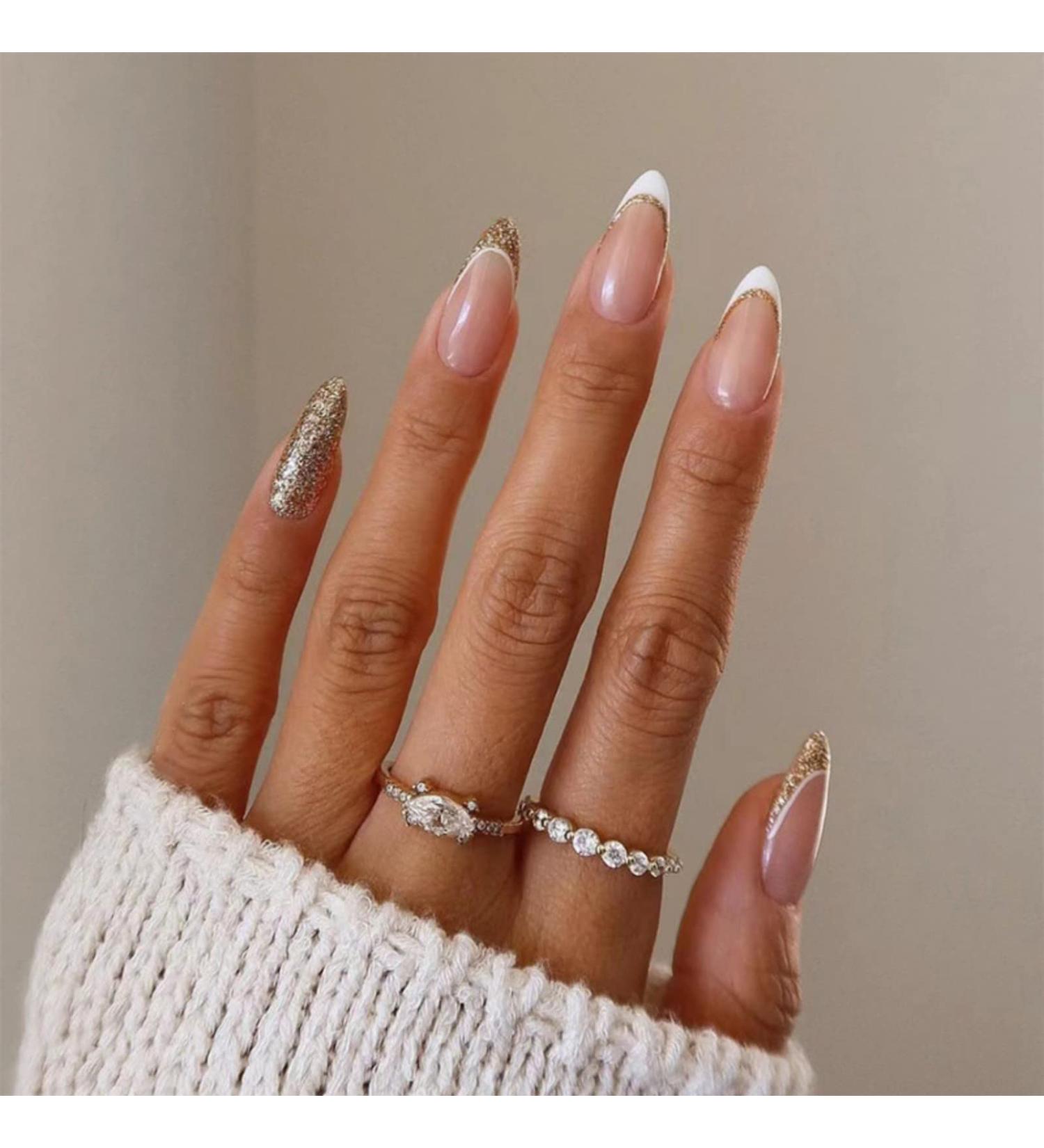 Justotry 24 Pcs Gold Glitter Almond Short False Nails - French Press on Nails | Trendy Nude Fake Nails with Glue | Stiletto Medium Stick on Nails for Women - Buy Online on SooperMarket.com