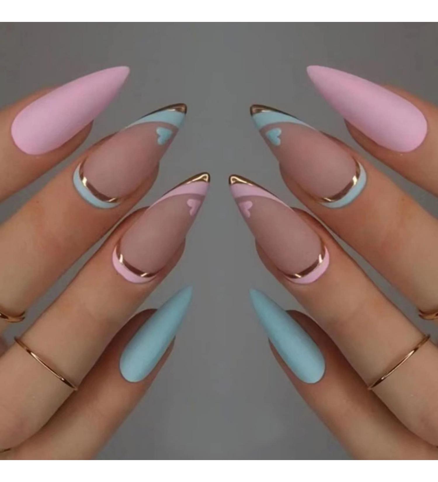 JUSTOTRY 24 Pcs Matte Stiletto Short False Nails | Heart Pattern Pale Pink & Blue French Press On Nails | Pretty Fake Nails with Nail Glue | Almond Medium Stick On Nails for Women - Buy Online on SooperMarket.com
