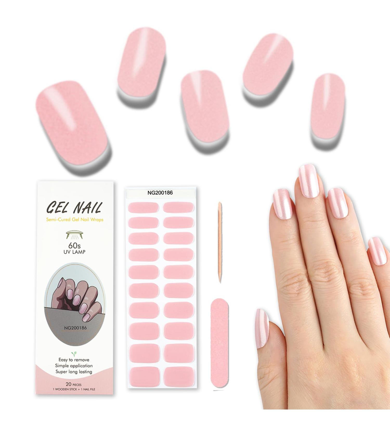 Foyute Semi Cured Gel Nail Strips 20 Pcs Soft Self-Adhesive Gel Nail Polish Wraps Sticker for Salon-Quality Manicure Set Long Lasting Easy to Apply & Remove Nail File & Wooden Stick (Pink B) - Buy Online on SooperMarket.com