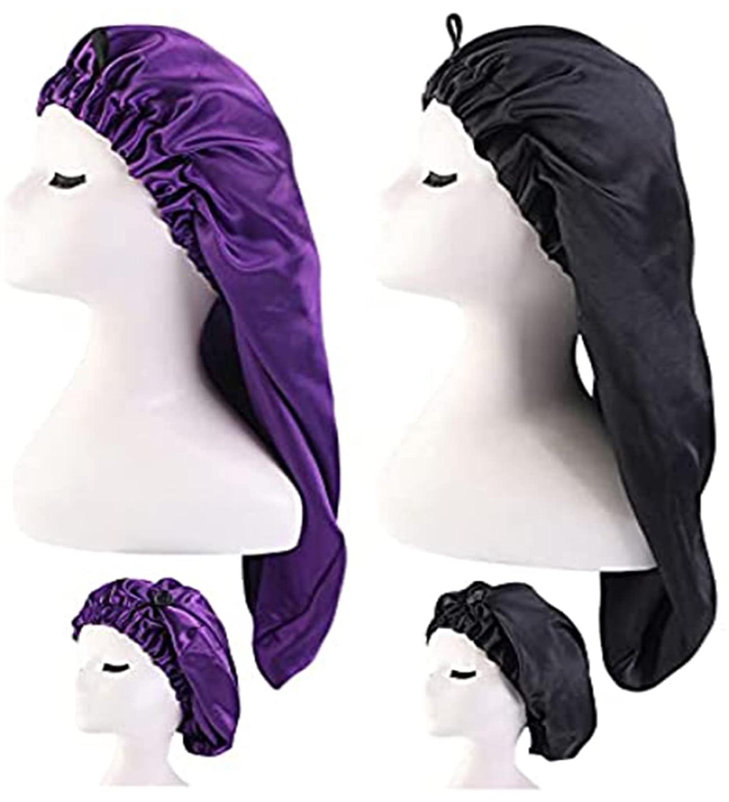 Shop Ladaypoa Long Satin Hair Hood - 2 Piece Silky Sleeping Cap for Curly Hair Protection | Extra Big Size Black & Purple - Buy Online on SooperMarket.com