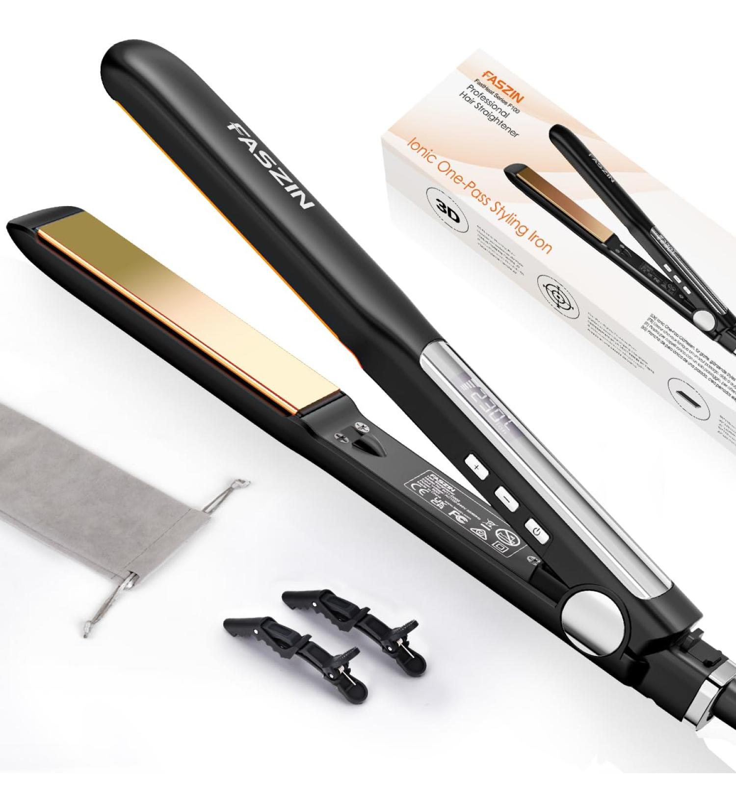 Faszin Ionic Titanium Hair Straightener: 20S Fast Heat Up, Clear LCD Display, 2-in-1 Styling Tool for Smooth & Shiny Results - Black - Buy Online on SooperMarket.com