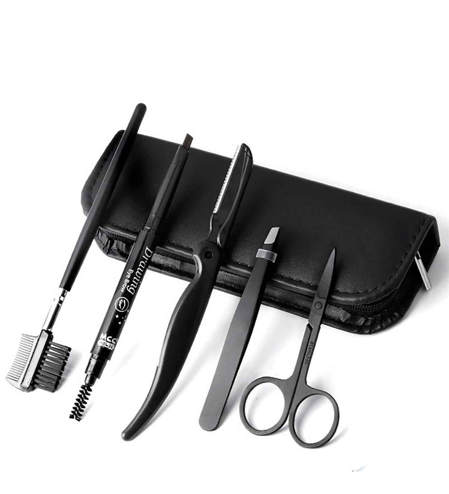 Stainless Steel Craft Scissors Eyebrow Kit with Tweezers, Brush - 5 Pc Set in Case - Buy Online on SooperMarket.com