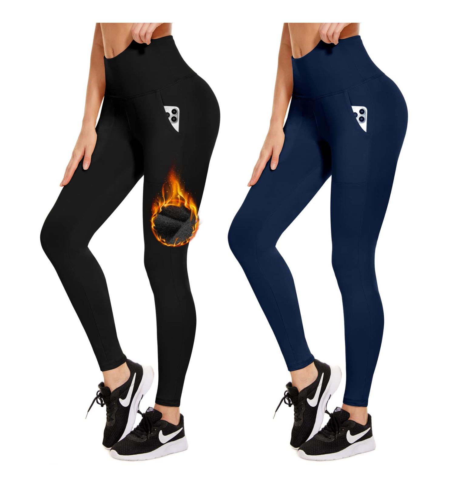 ActinPut Women's High Waist Thermo Leggings - Winter Warm Iron Running Yoga Pants with Pockets - Black & Blue L-XL - Buy Online on SooperMarket.com