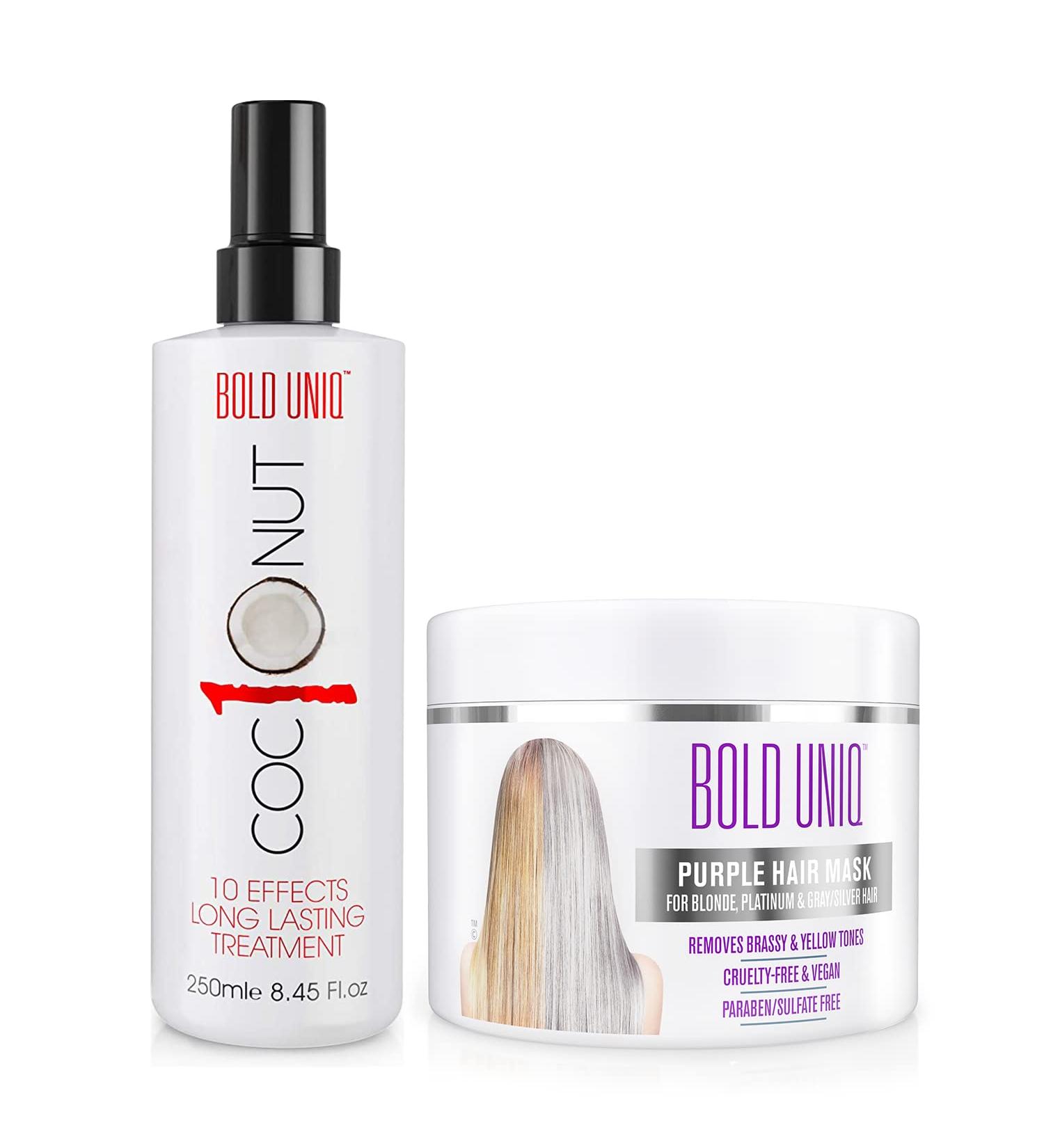 BOLD UNIQ Purple Hair Mask for Blonde & Platinum Hair + Coconut Heat Protectant Spray - Remove Yellow Tones and Protect from Heat Damage - Buy Online on SooperMarket.com