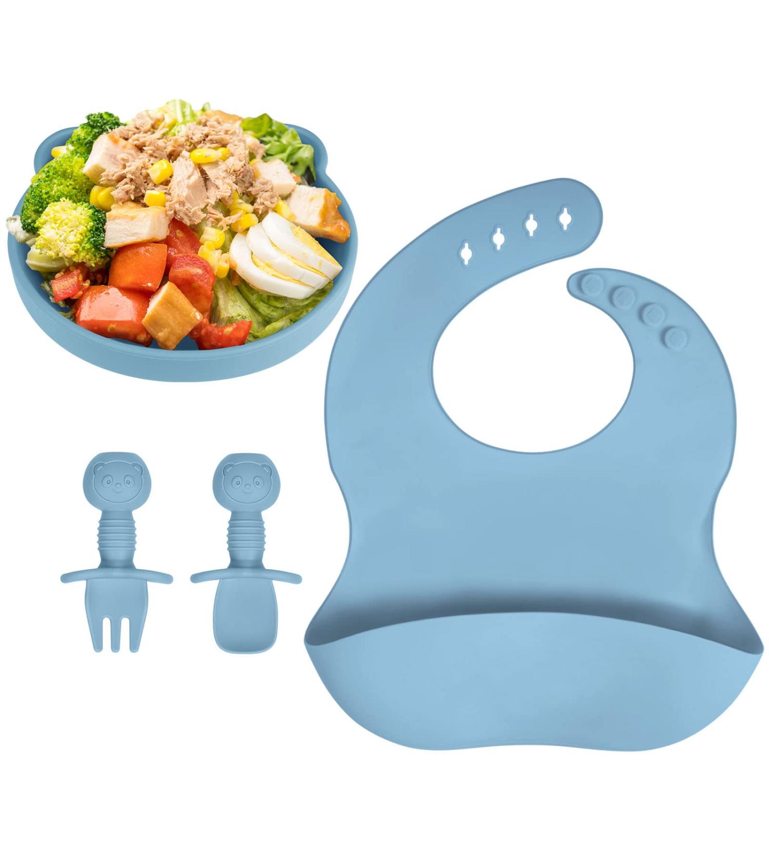 Vicloon Baby Weaning Set - 4 Pcs Silicone Feeding Set | BPA Free Suction Plate, Bib, Spoon, and Fork | Toddlers and Kids Plates | Blue Bear Sucker | Gift for Kids - Buy Online on SooperMarket.com