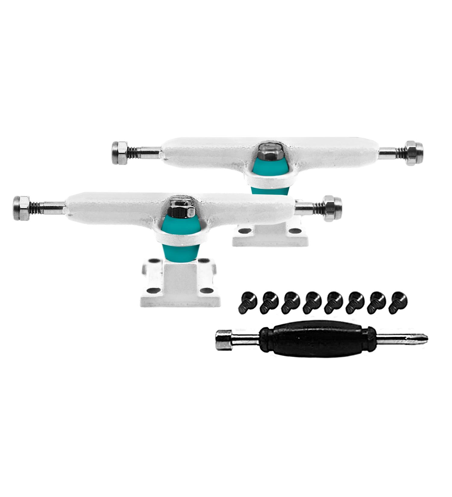 Teak Tuning Prodigy Fingerboard Trucks with Upgraded Lock Nuts, White Colorway - 32mm Wide - Professional Shape, Appearance & Components - Includes Pro Duro 61A Bubble Bushings in Teak Teal
