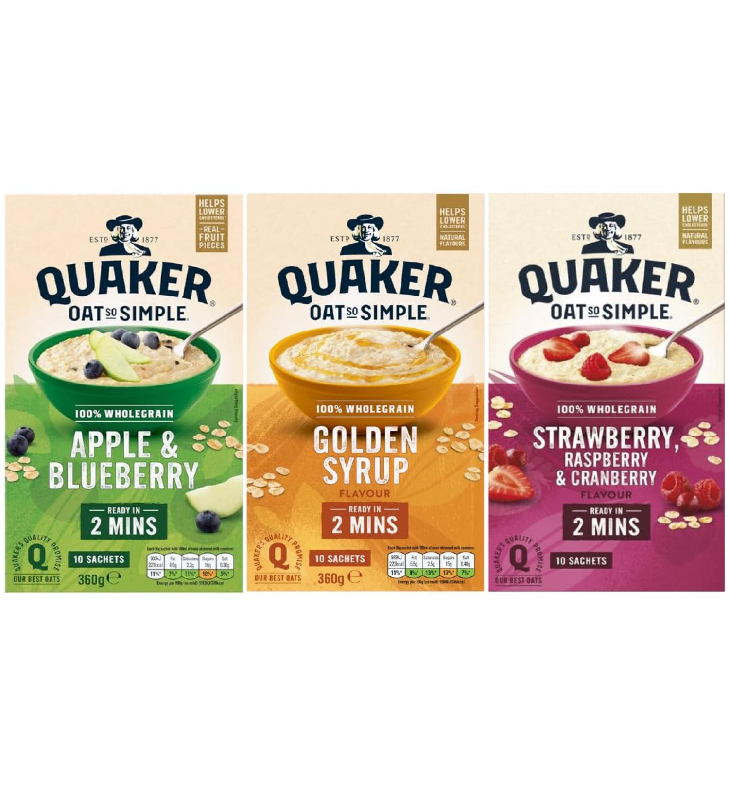 Apple & Blueberry Porridge Sachets 360g with Strawberry Raspberry & Cranberry Porridge Sachets 339g & Golden Syrup Porridge Sachets 360g - Bundle Consisting of Quaker Oat So Simple x3 Packs - Buy Online on SooperMarket.com