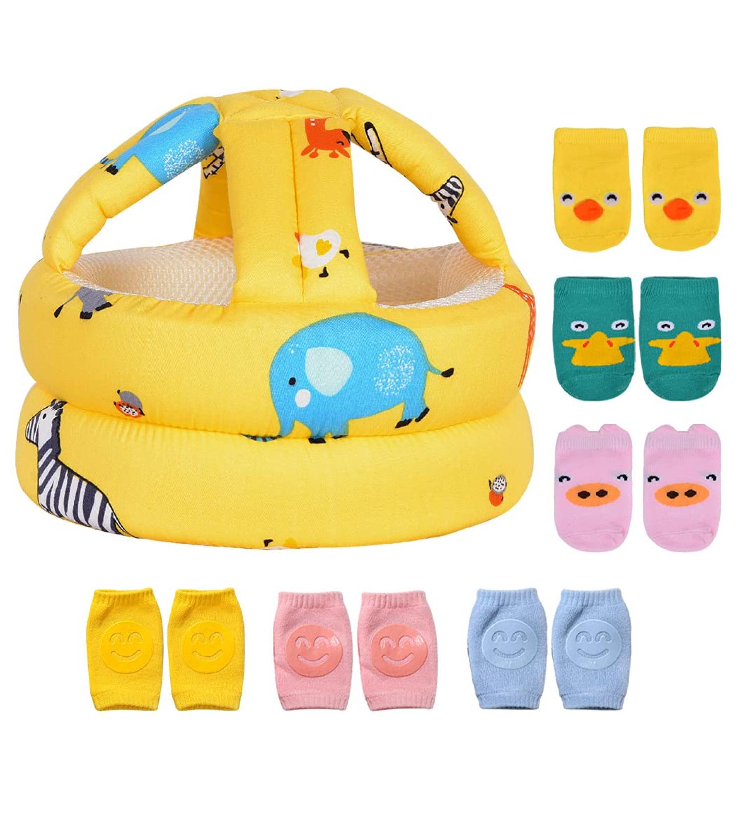 Umtiti Baby Adjustable Helmet with Knee Pads & Socks for Crawling and Walking - Zoo Yellow (Set of 3) - Buy Online on SooperMarket.com