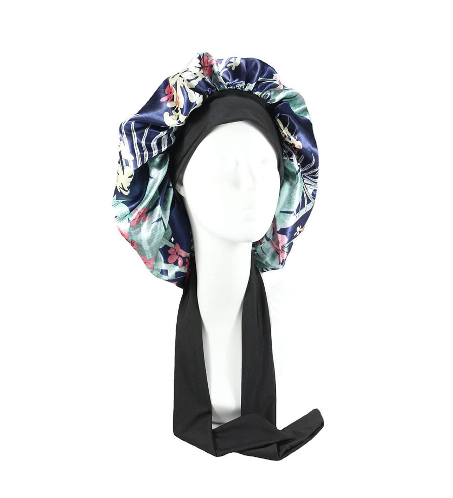 Silk Hair Bonnet for Women Green Flower Satin Cap for Sleeping, Bathing, and Curly Hair Protection - Buy Online on SooperMarket.com