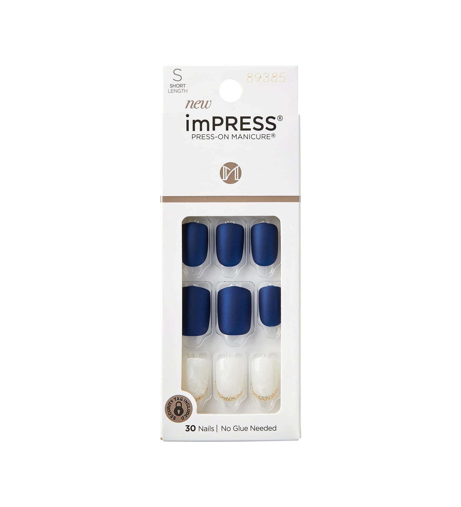 KISS imPRESS No Glue Mani Press On Nails - Chasing Stars Design Blue Short Squoval Shape 30 Nails + Accessories | International Shipping Available - Buy Online on SooperMarket.com