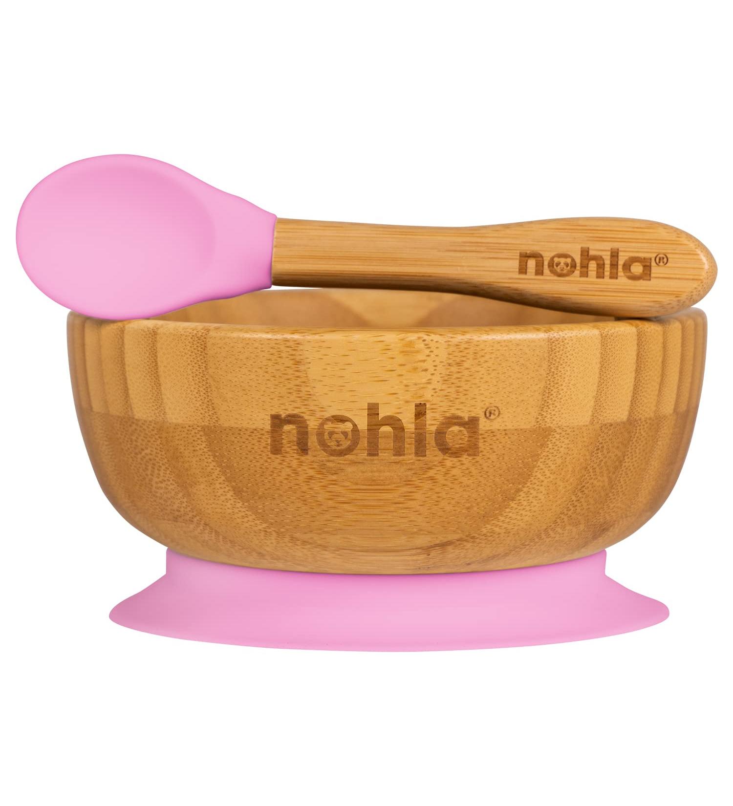 nohla - Bamboo Baby Weaning Suction Bowl and Spoon Set - Pink - 350ml Capacity - 100% Natural & Organic BPA-Free Silicone - Toddler Mealtime Essentials Pink Bowl