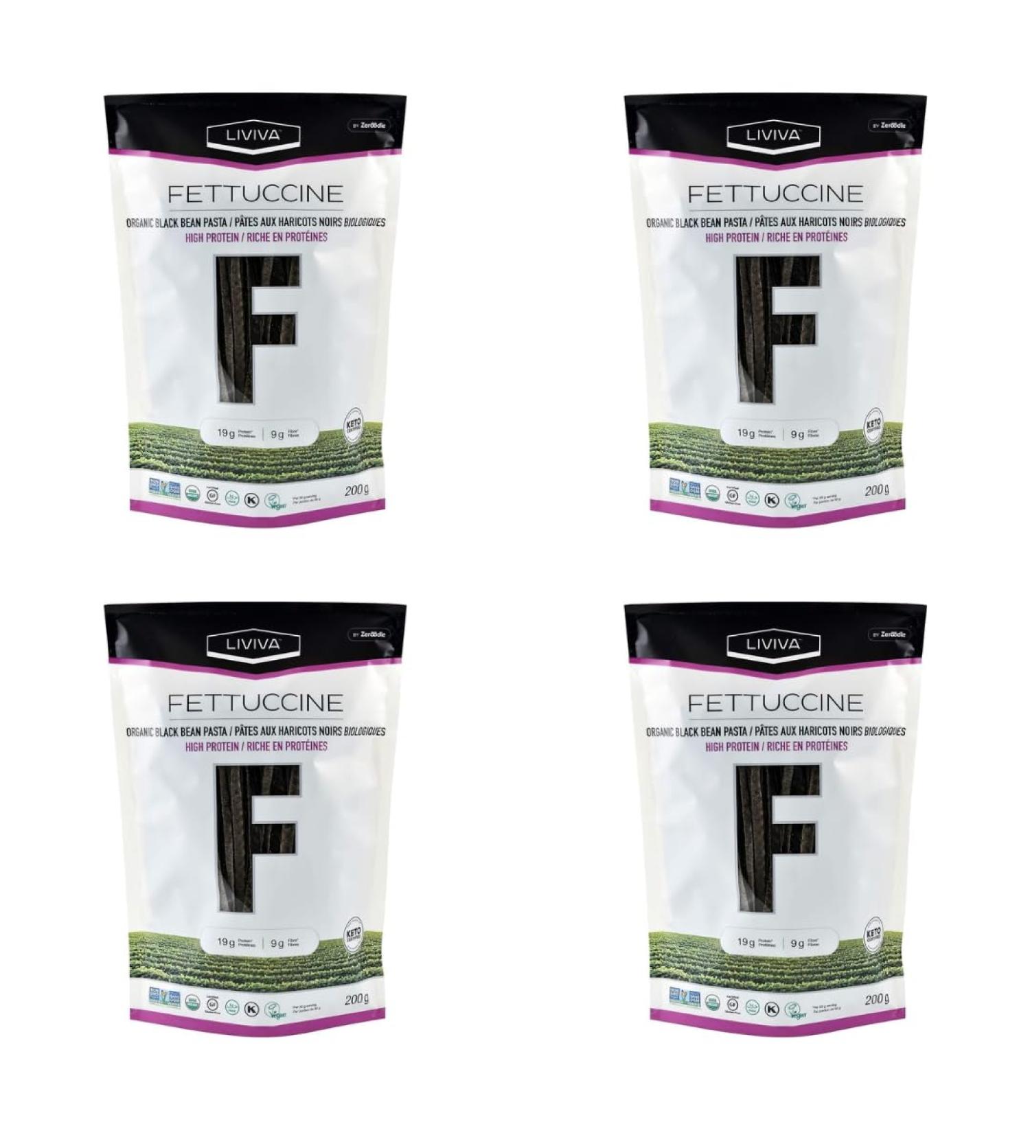 LIVIVA Organic Gluten Free Black Bean Fettuccine Noodle Pasta (4 Pk) 88 g Protein Bag - Certified Plant-Based Non-GMO Kosher Halal Vegan Keto Nutritious Pasta Plant-Based Protein Ready-to-Eat in minutes - Buy Online on SooperMarket.com