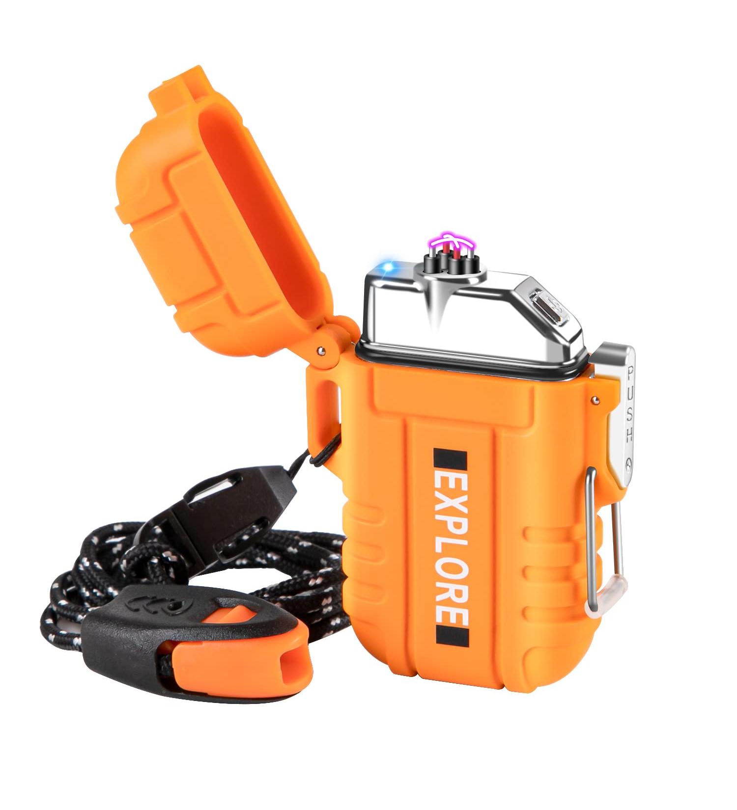 USB Rechargeable Windproof Arc Lighter Waterproof - Dual Arc Plasma Lighter with Emergency Whistle for Outdoor Adventure - Camping Gadgets (Orange) - Buy Online on SooperMarket.com