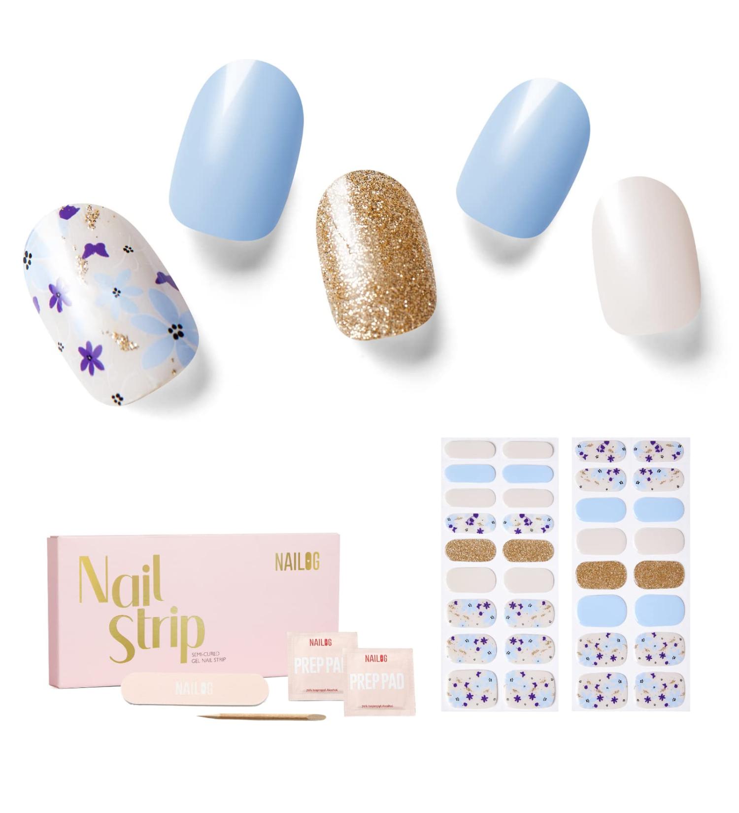 NAILOG Semi Cured Gel Nail Strips - Salon-Quality Long Lasting Nail Stickers - Vintage Print & Silver Glitter - 34pcs - Buy Online on SooperMarket.com