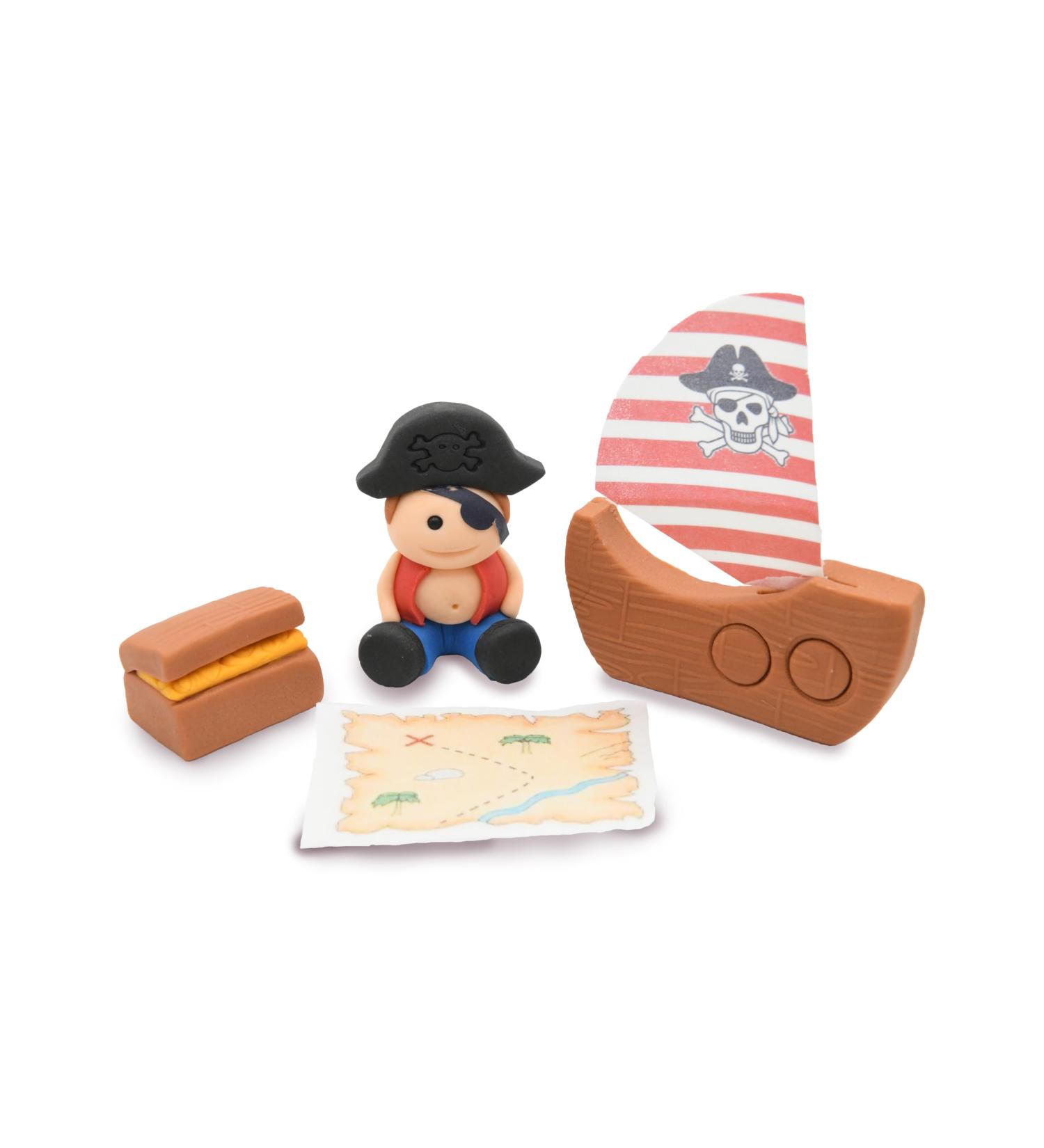 4x Edible Pirate Cake Toppers Set - Handmade Icing Fondant Pirate Ship Bag Map Birthday Baby Showers Cupcake Decor Supplies Comes with an Edible Glue - Buy Online on SooperMarket.com