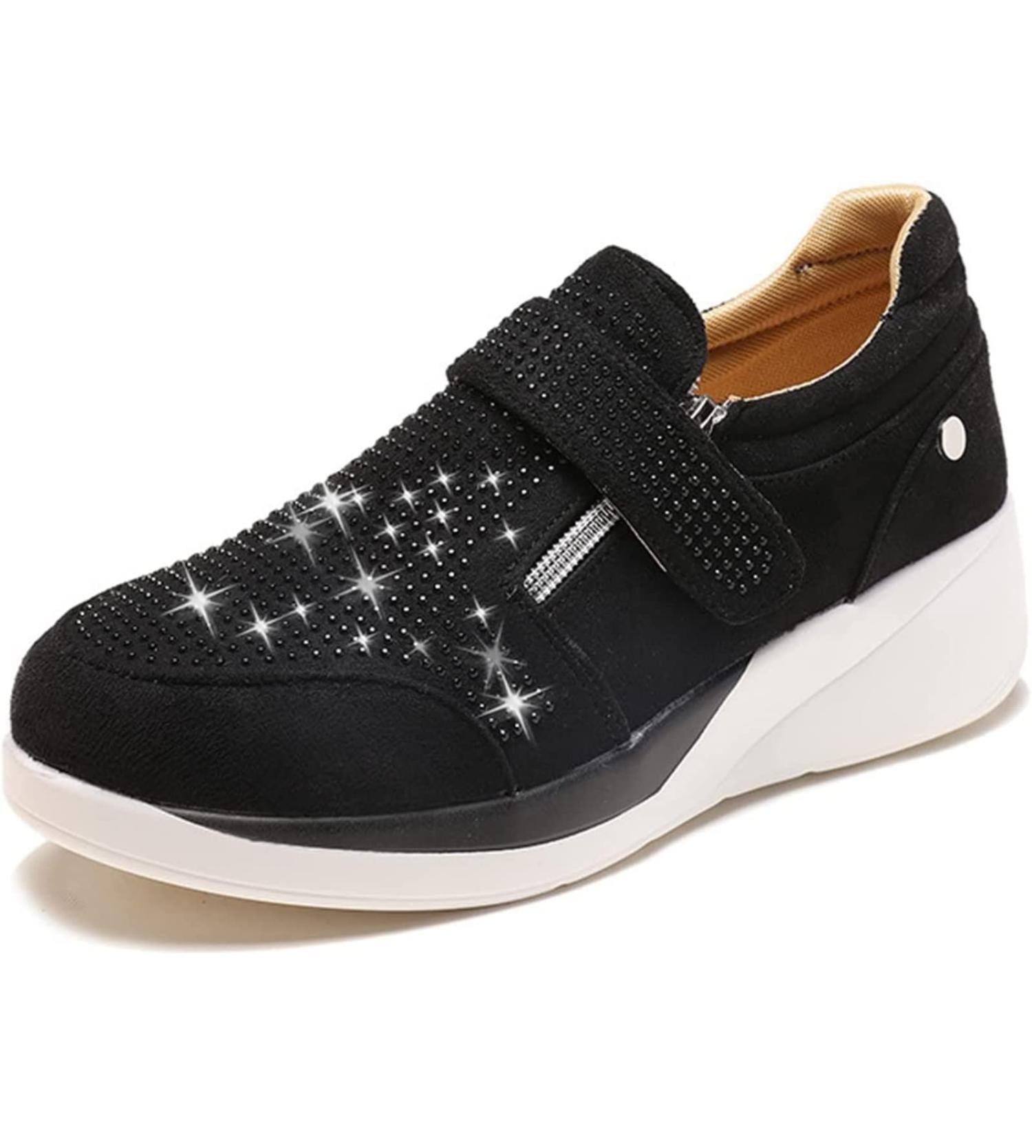 Women's Orthopedic Rhinestone Sneakers - Arch Support, Walking Fashion, Glitter Bling, Velcro Closure - Black, Size 7 - Buy Online on SooperMarket.com