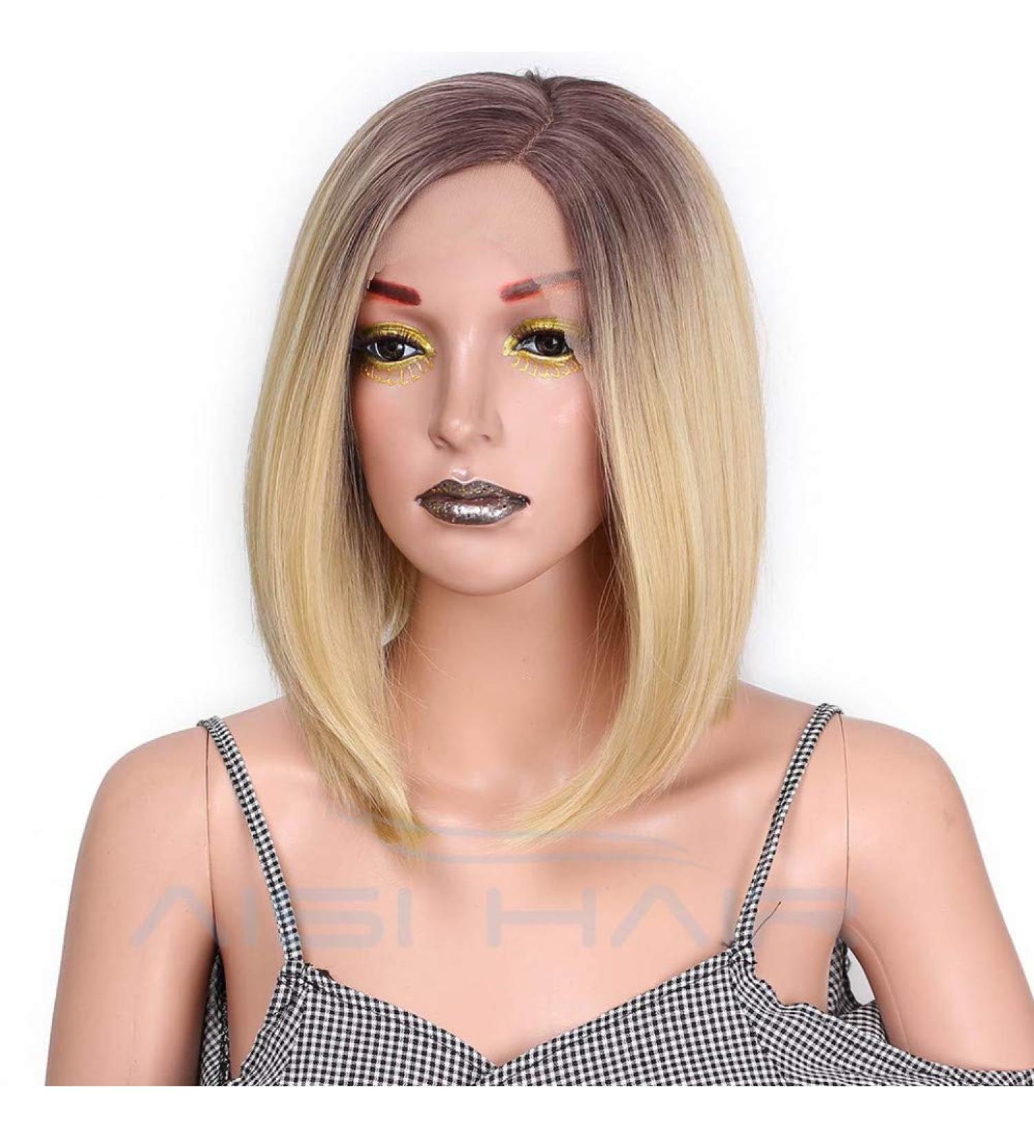HBINGBING Ombre Blonde Bob Lace Wig - Short Straight Heat Resistant Fiber for Women | International Shipping - Buy Online on SooperMarket.com