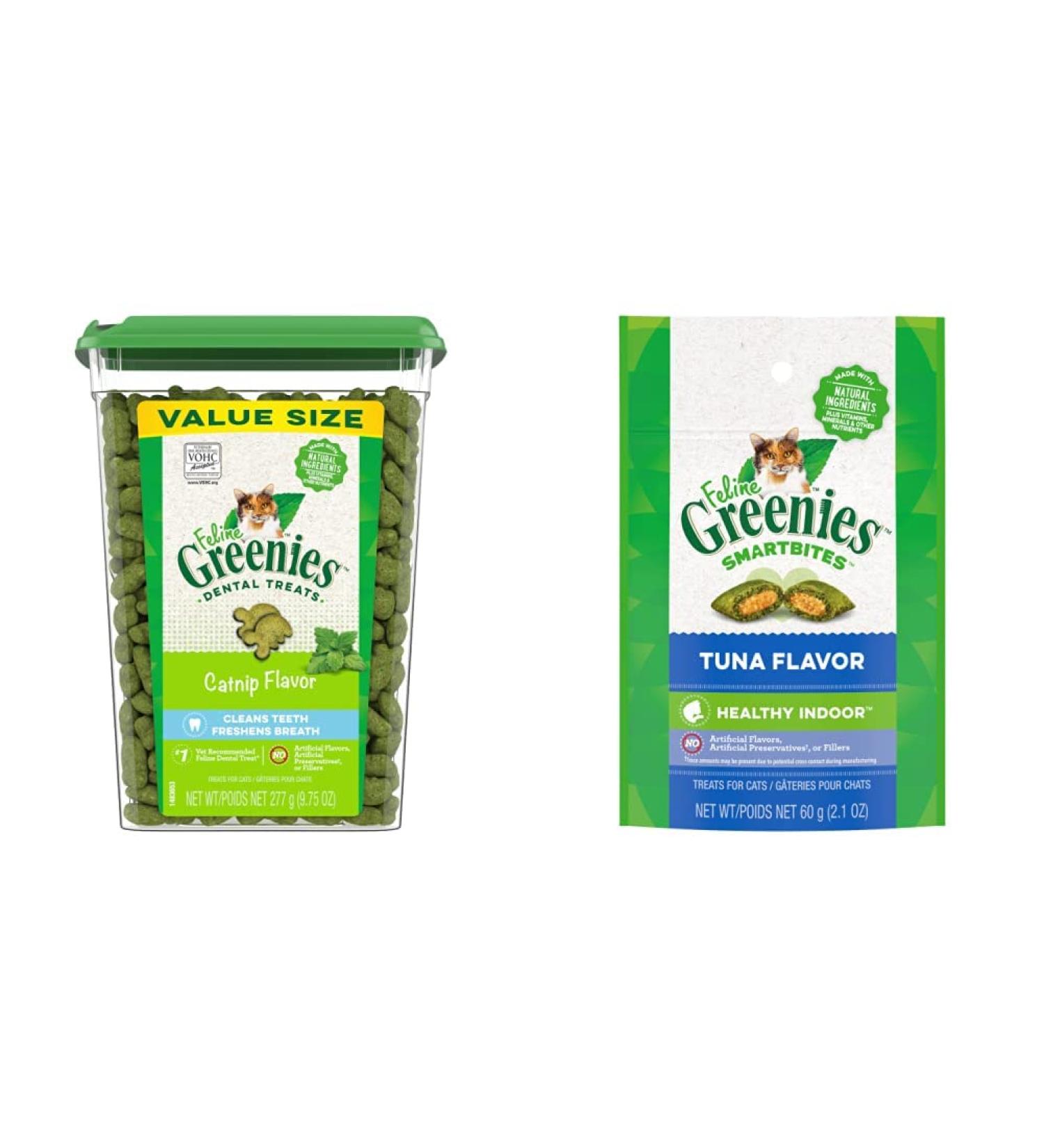 FELINE GREENIES Cat Treats Natural Dental Care (Catnip + Tuna Flavour) | Crunchy Texture & Smart Bites for Healthy Indoor Cats Cat Treats + Cat Treats Tuna Flavour 277 g (Pack of 1)