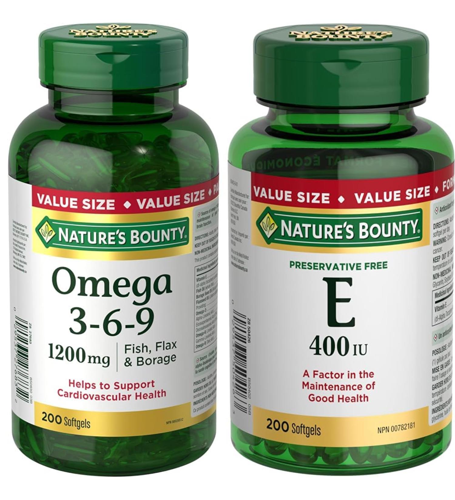 Nature's Bounty Omega 3 6 9 Fish Oil 1200mg Pills Supplement & Vitamin E Pills And Supplement Helps Maintain Health 400Iu 200 Softgels Supplement + Vitamin E Pills - Buy Online on SooperMarket.com
