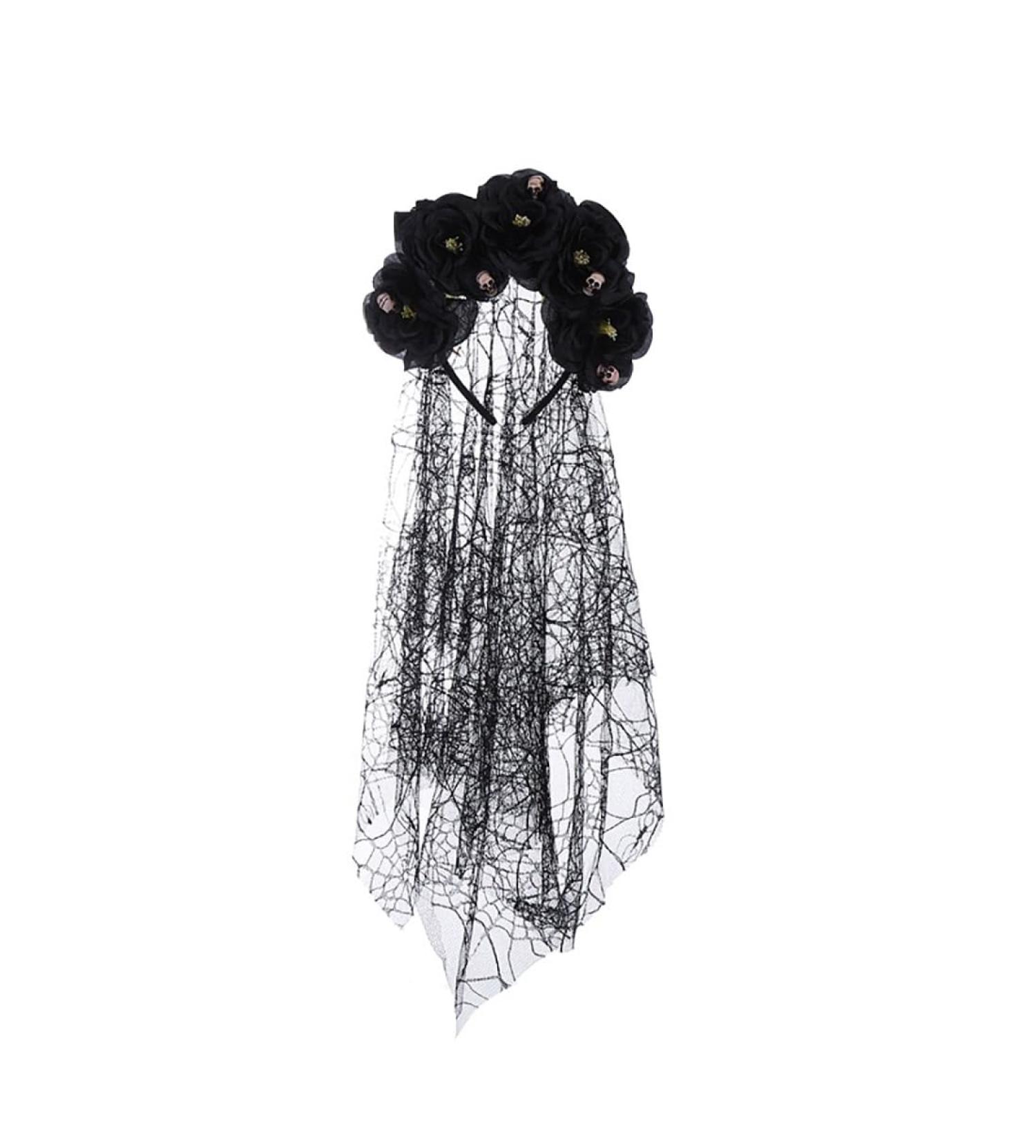 Prosy Halloween Rose Flower Headband Black Veil Horror Skull Costume Gothic Bride Veil Fancy Dress Headwear Accessories for Girls (Black) - Buy Online on SooperMarket.com