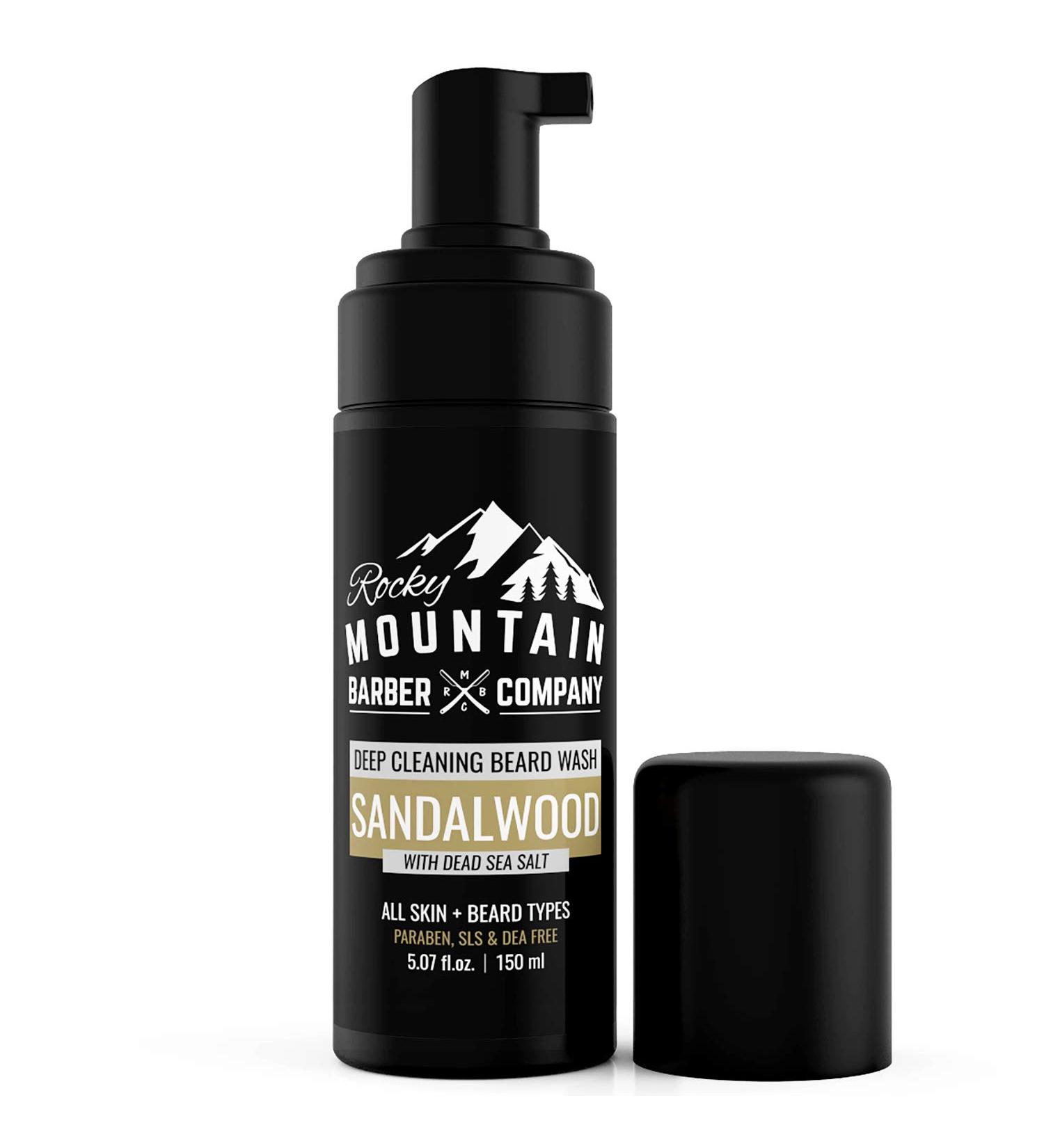Rocky Mountain Barber Co. Foaming Sandalwood Beard Wash - Sandalwood Oil Vitamin B5 Dead Sea Salt - 5 oz | International Shipping Available - Buy Online on SooperMarket.com
