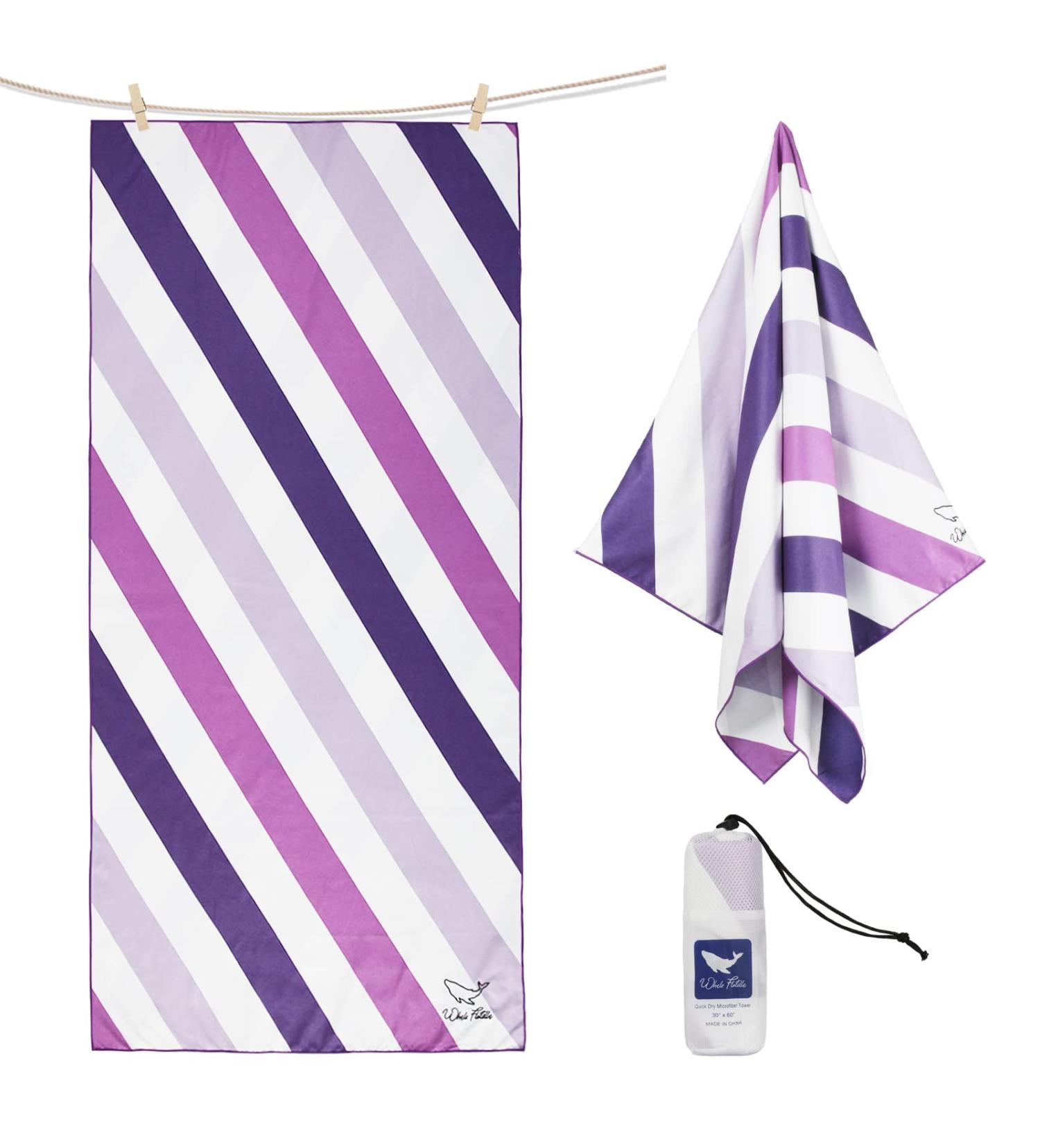 Whale Flotilla Microfiber Large Beach Towel - Quick Dry, Sand Free, Cooling, Portable - Super Absorbent Striped Towel Set for Kids/Adults - 30x60 Inch Purple - Buy Online on SooperMarket.com