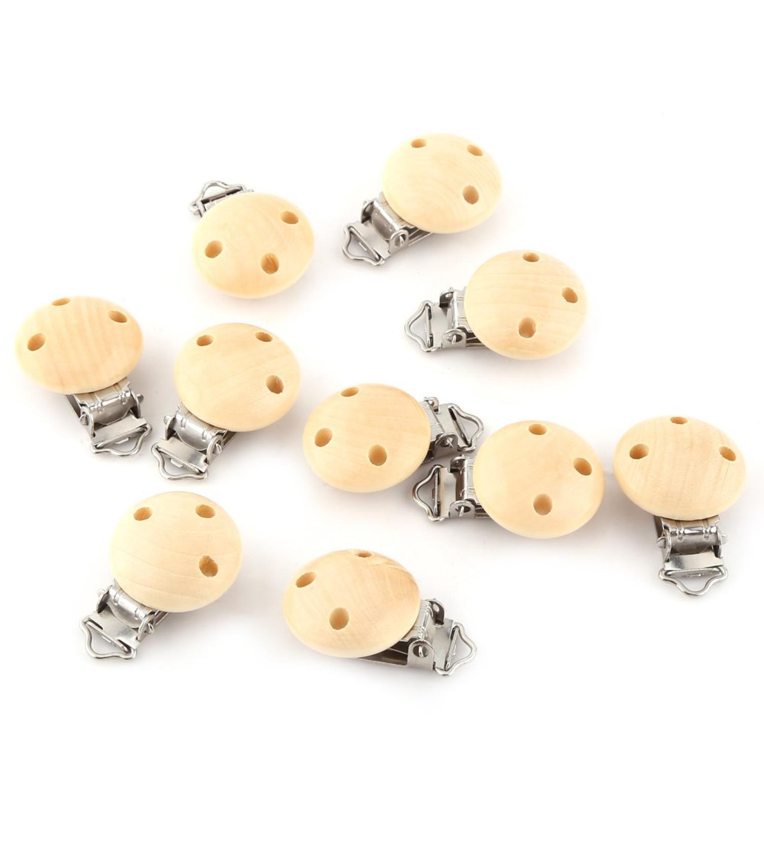 Pacifier Clip Set - 10 Decorative Wooden Top Trailer Clips Cute Round Design with 3 Holes - Enchanting Wood-Burning Jewelry - Buy Online on SooperMarket.com