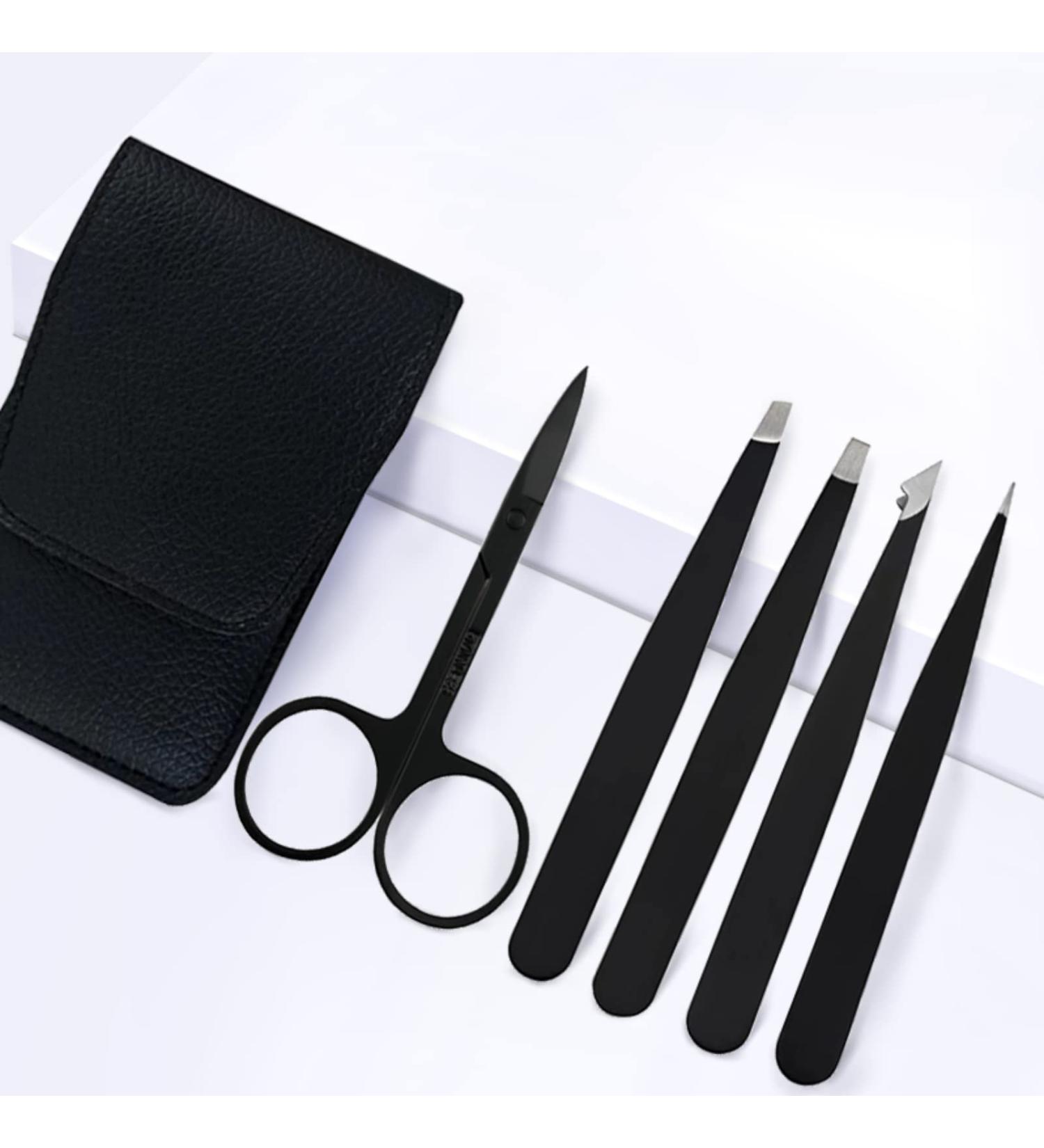 5 in 1 Stainless Steel Tweezers Set for Precision Hair Removal - Includes Eyebrow Scissors - Black Tweezers for Ingrown Hair, Splinters - Buy Online on SooperMarket.com