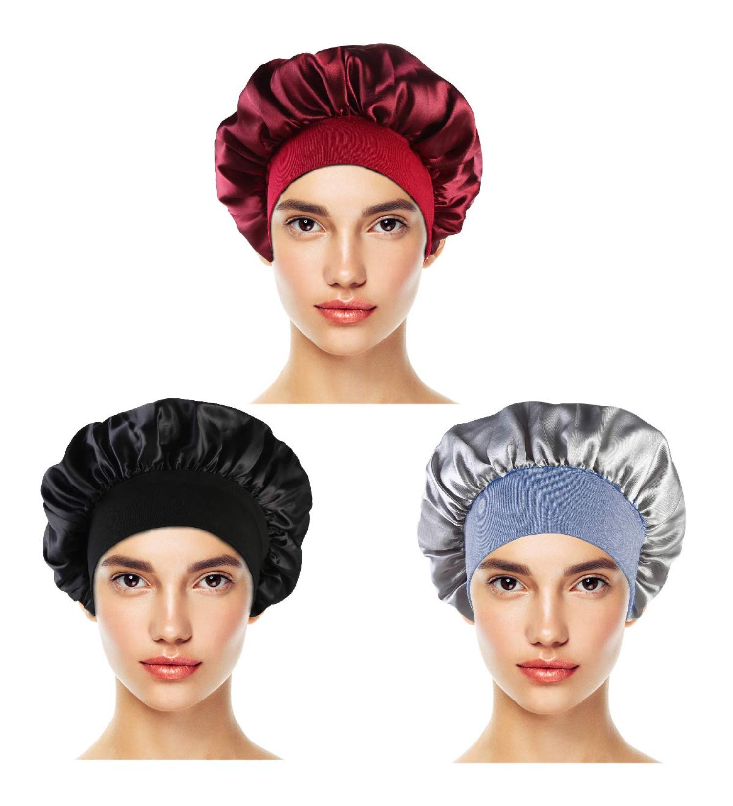 Wide-Brimmed Satin Night Caps 3-Pack for Women - Wine Red, Black, Silver - Buy Online on SooperMarket.com