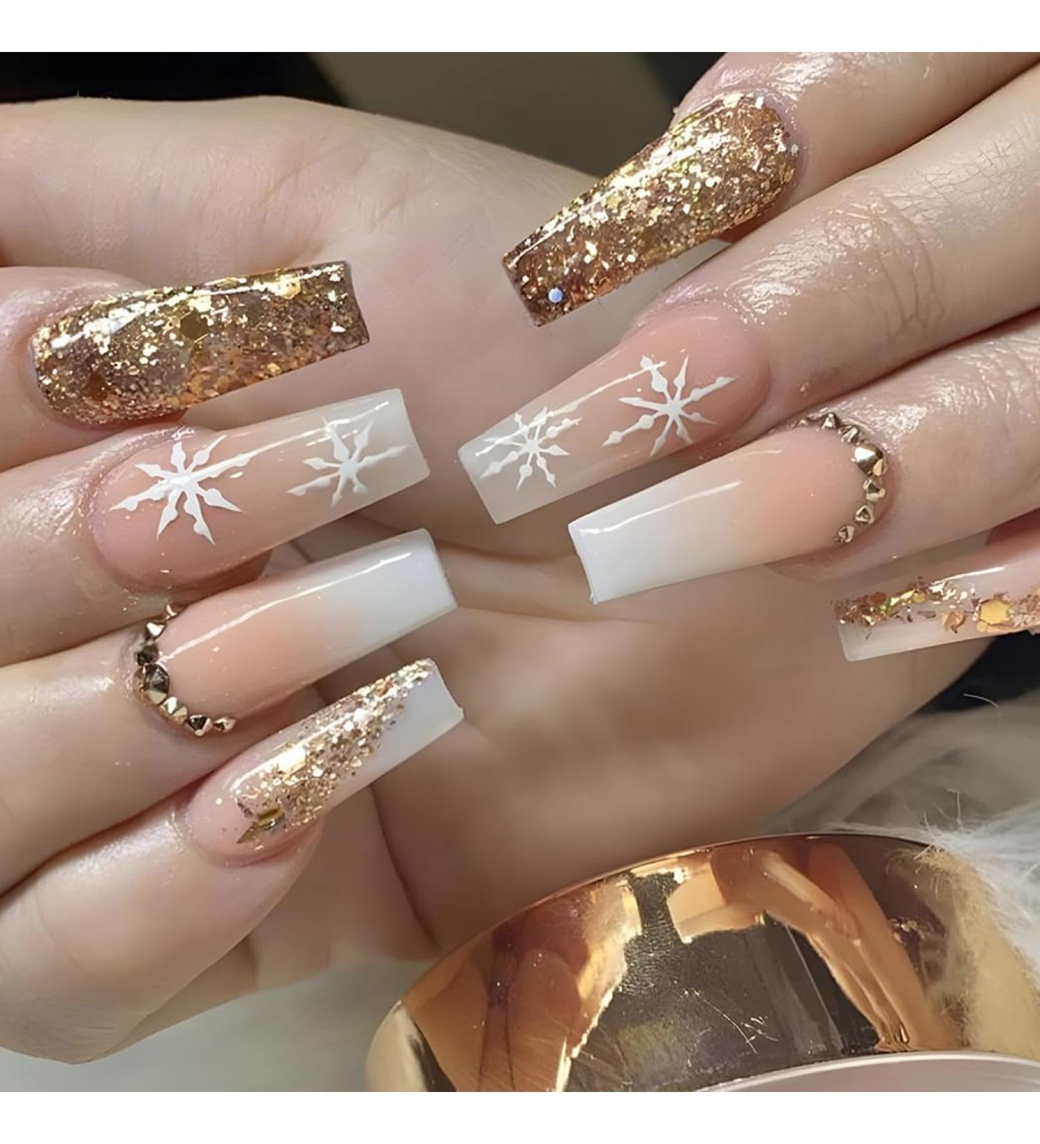 Brishow Christmas Glitter Snow False Nails - 24pcs Ballerina Acrylic Short Fake Nails for Women and Girls - Buy Online on SooperMarket.com