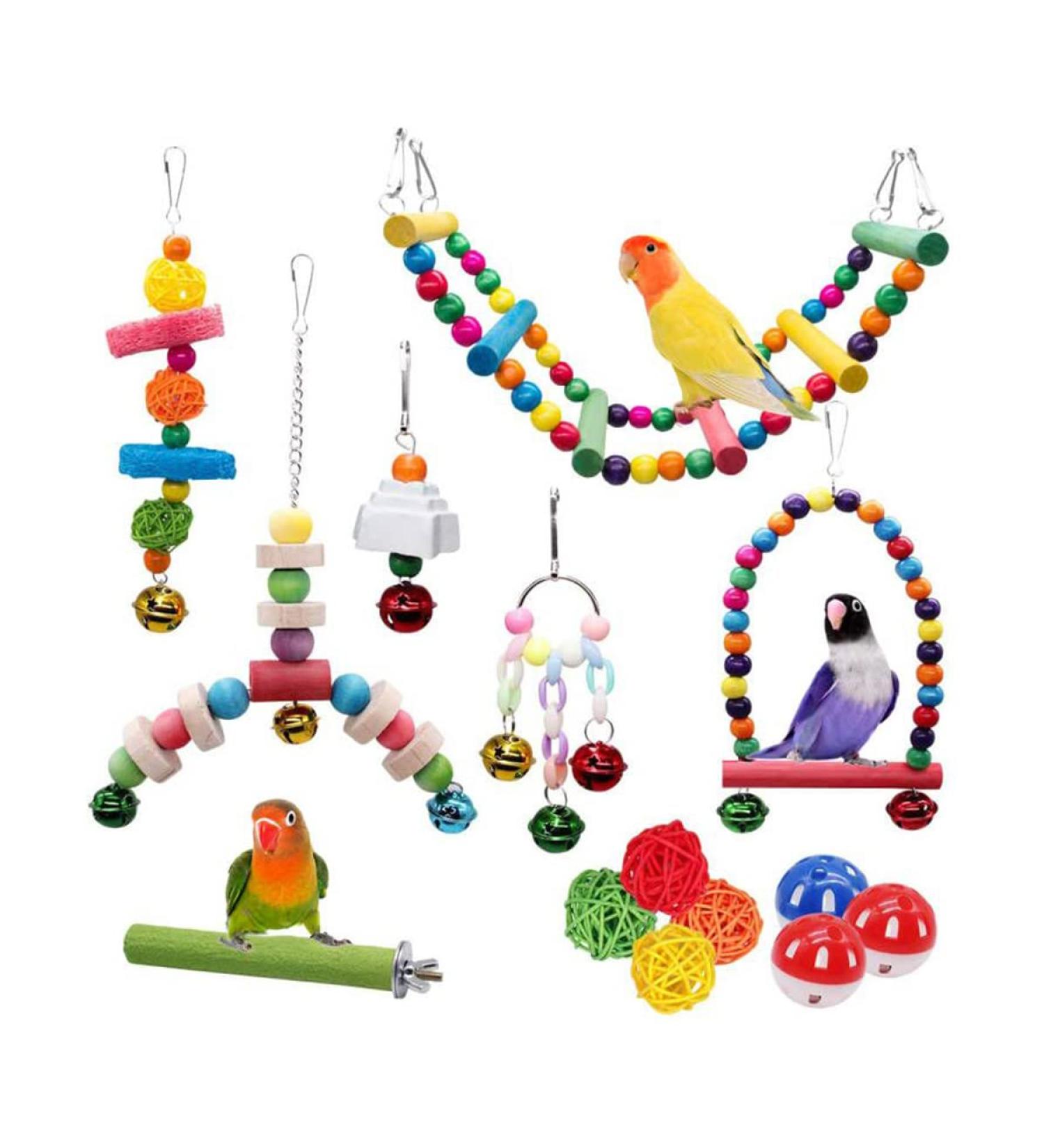 MQUPIN Bird Parrots Toys 14-Pack Cage Toys Hanging Swing Climbing Shredding Perches Ladders Sepak Takraw Bell Frosting Stick Parrot Set Toy for Medium Budgie Finches Cockatiels Conures African Parrot S-6.9inch - Buy Online on SooperMarket.com