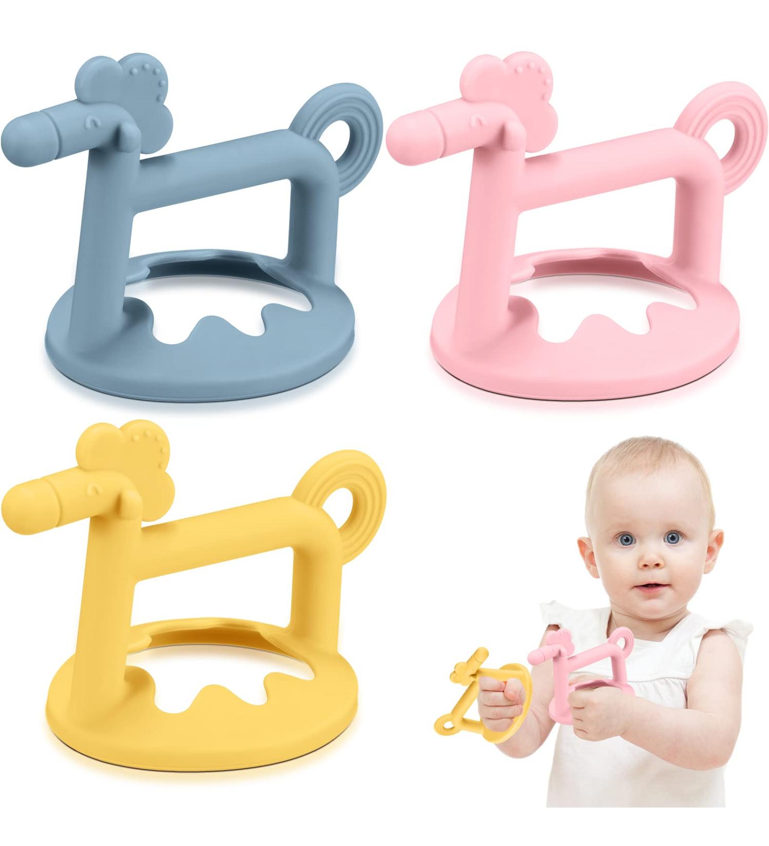Sratte 3 Pack Silicone Baby Teething Toys for Babies 0-6 Months - Anti-Drop Hand Teether Set for Sucking Needs - Less Dust Baby Chew Toy - Perfect Baby Gift - Buy Online on SooperMarket.com