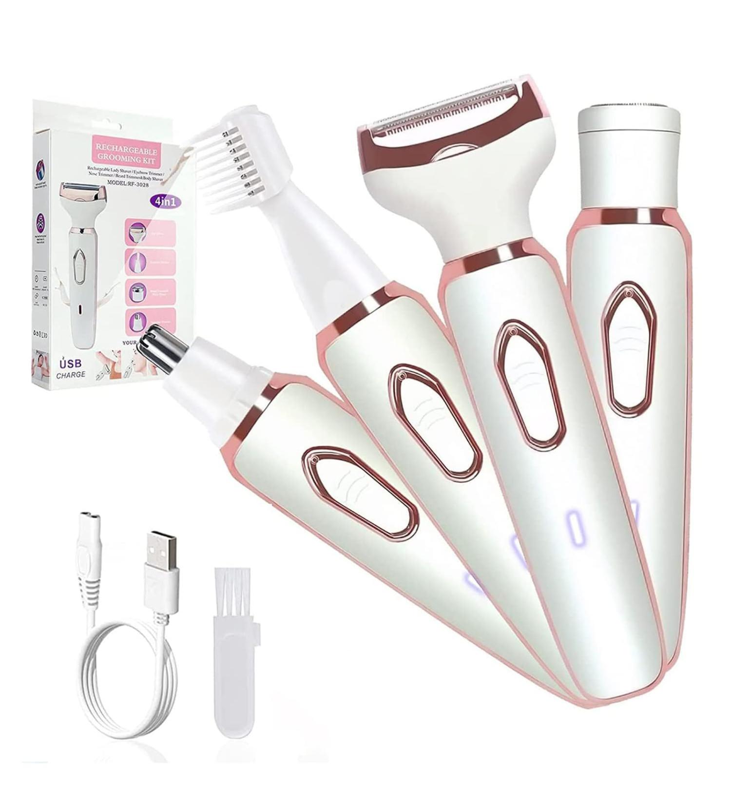 4-in-1 Women's Electric Hair Remover | Rechargeable Body Hair Removal & Grooming Set - Trimmer for Nose Lip Eyebrows & Face - Buy Online on SooperMarket.com