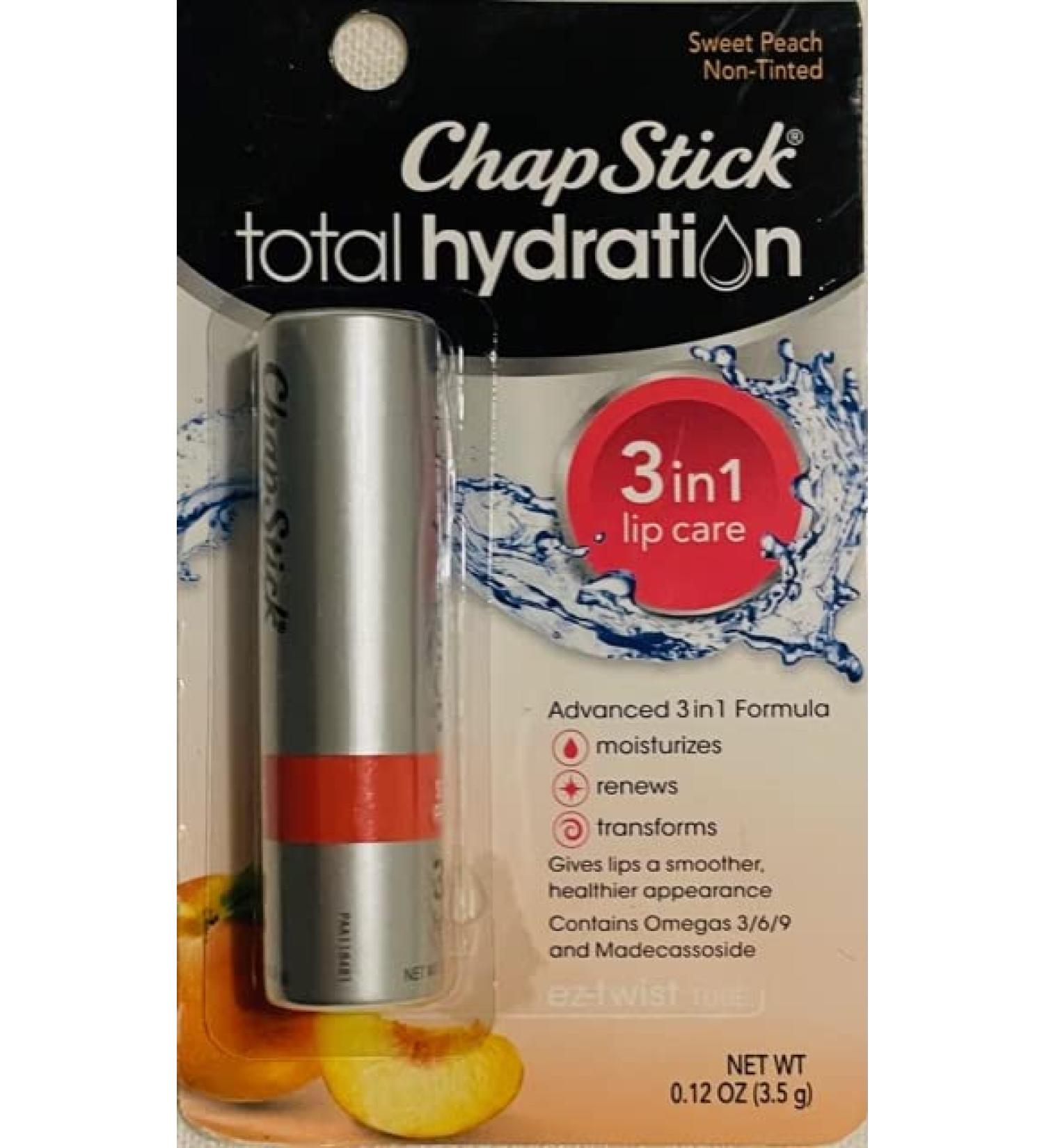 ChapStick Total Hydration Sweet Peach Lip Balm Tube Triple Action Formula Hydrating Lip Care - 0.12 Oz