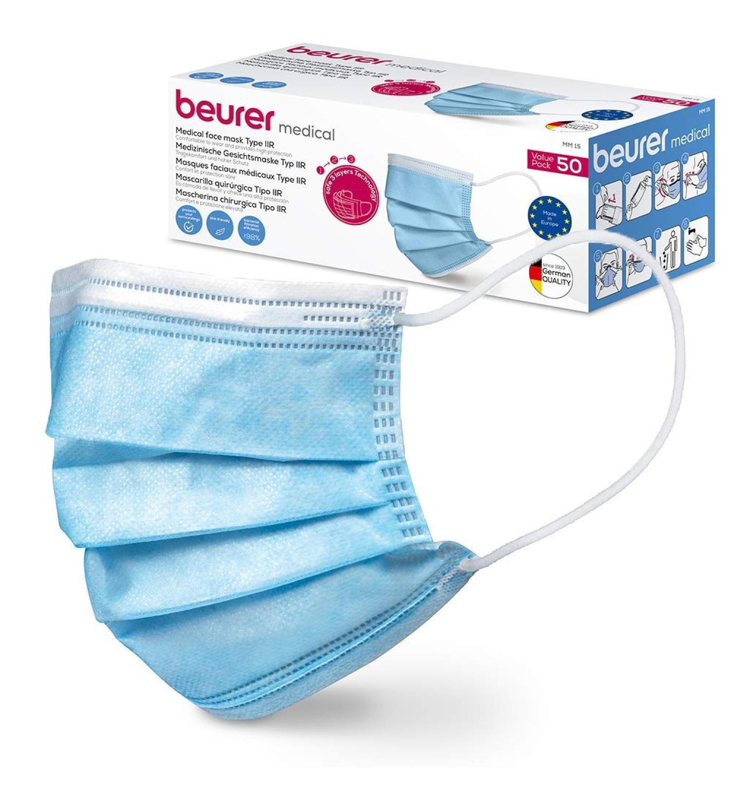 Beurer MM 15 OP Mask Type IIR - 3-Layer Medical Face Mask (50 pcs) | EU Quality Protects Against Droplets & Microorganisms - Buy Online on SooperMarket.com