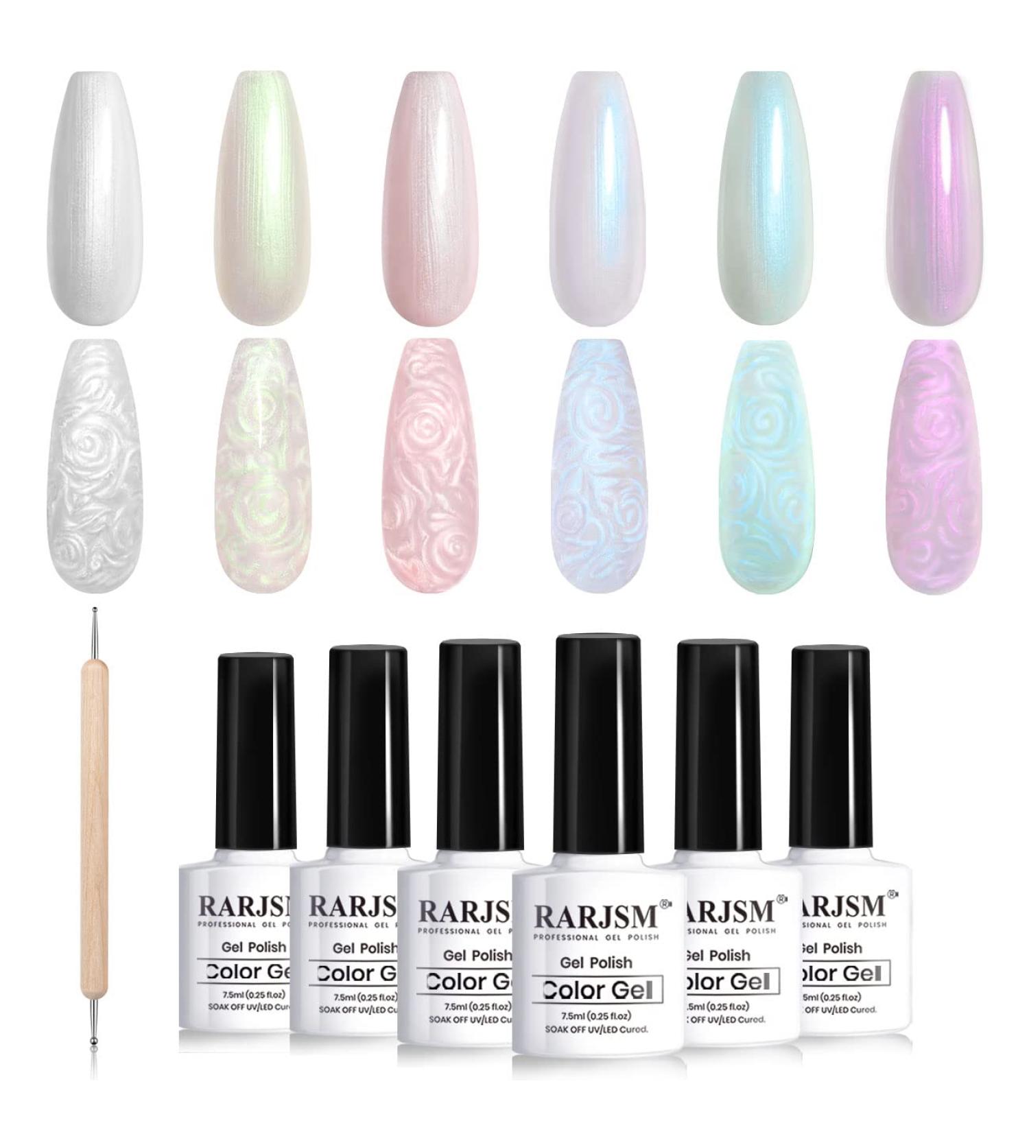 RARJSM Pearl Gel Nail Polish Set - 6 Colors Pearlescent Shell Glitter | White Gold Pink Green Purple Shimmer | Mermaid Nail Gel Soak Off | DIY Manicure with Swirl Thread Effect | LED UV Curing Required - Buy Online on SooperMarket.com