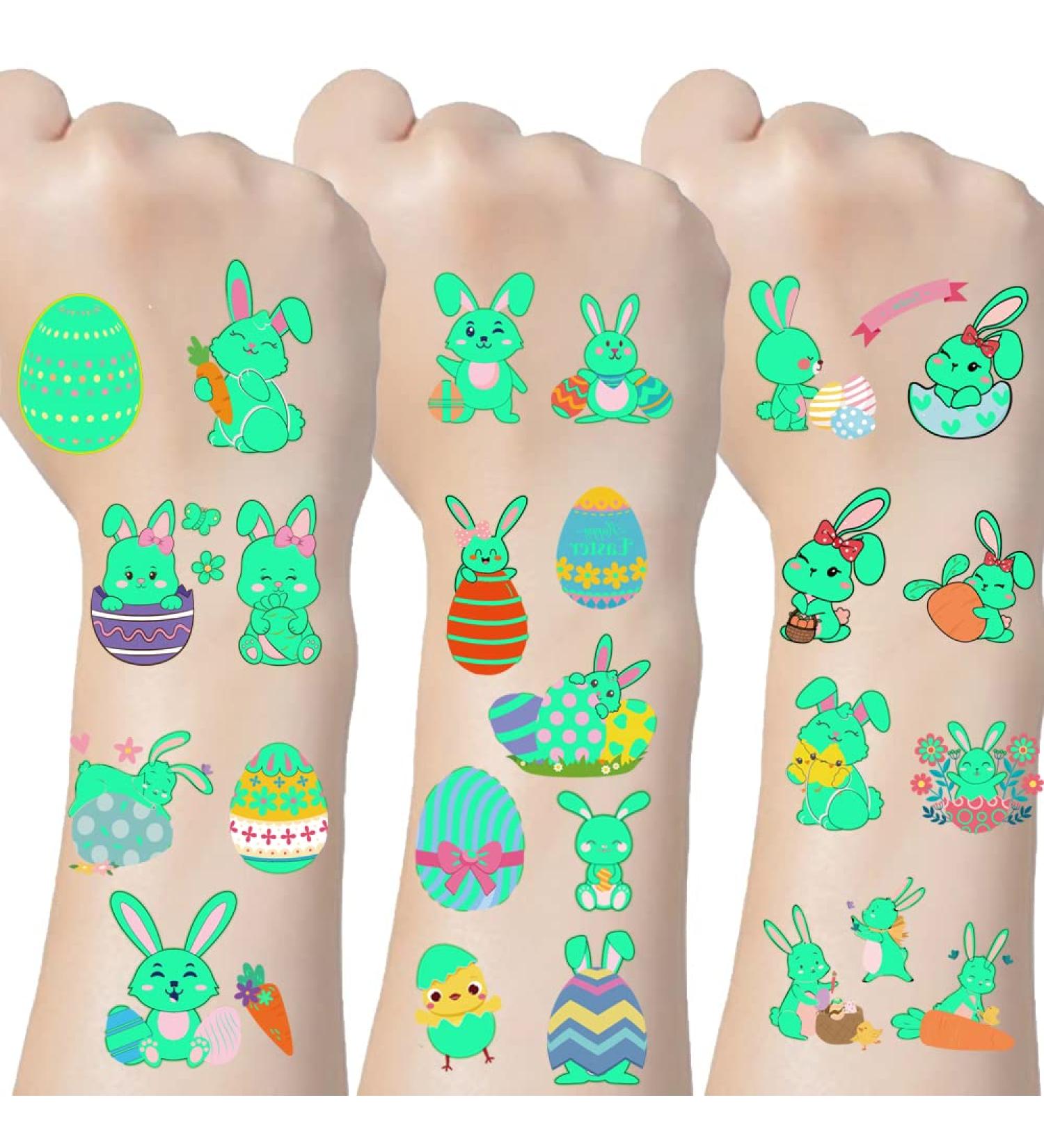 Easter Glow Temporary Tattoos - 73 Luminous Bunny Designs for Kids | Rabbit, Carrot, Eggs, Chick | Fun Party Favors - Buy Online on SooperMarket.com