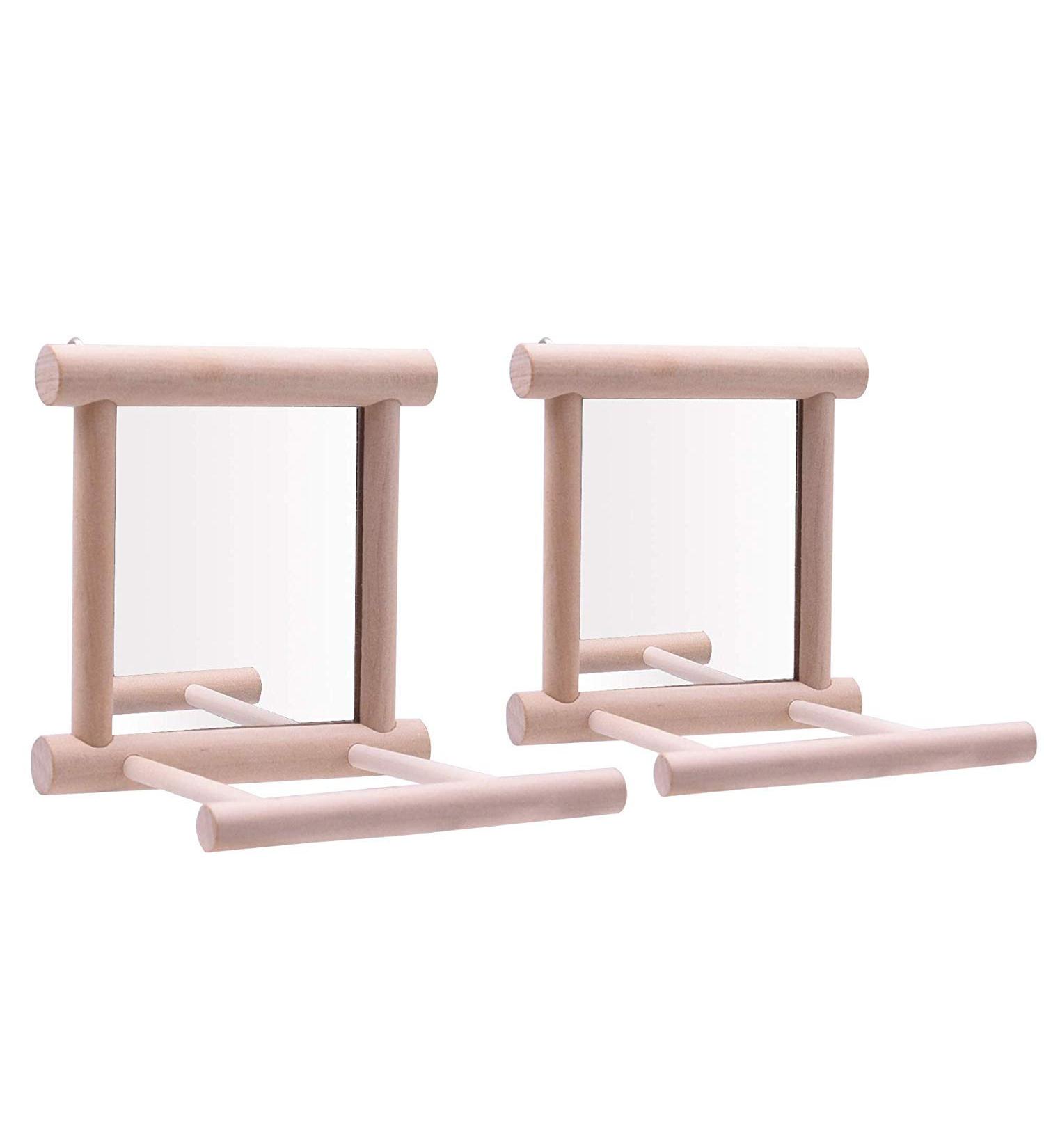 HANZE Bird Mirror and Swing Set for Parrots - Wooden Toy for Macaws, Lovebirds, Cockatiels - 2 Pack - Buy Online on SooperMarket.com