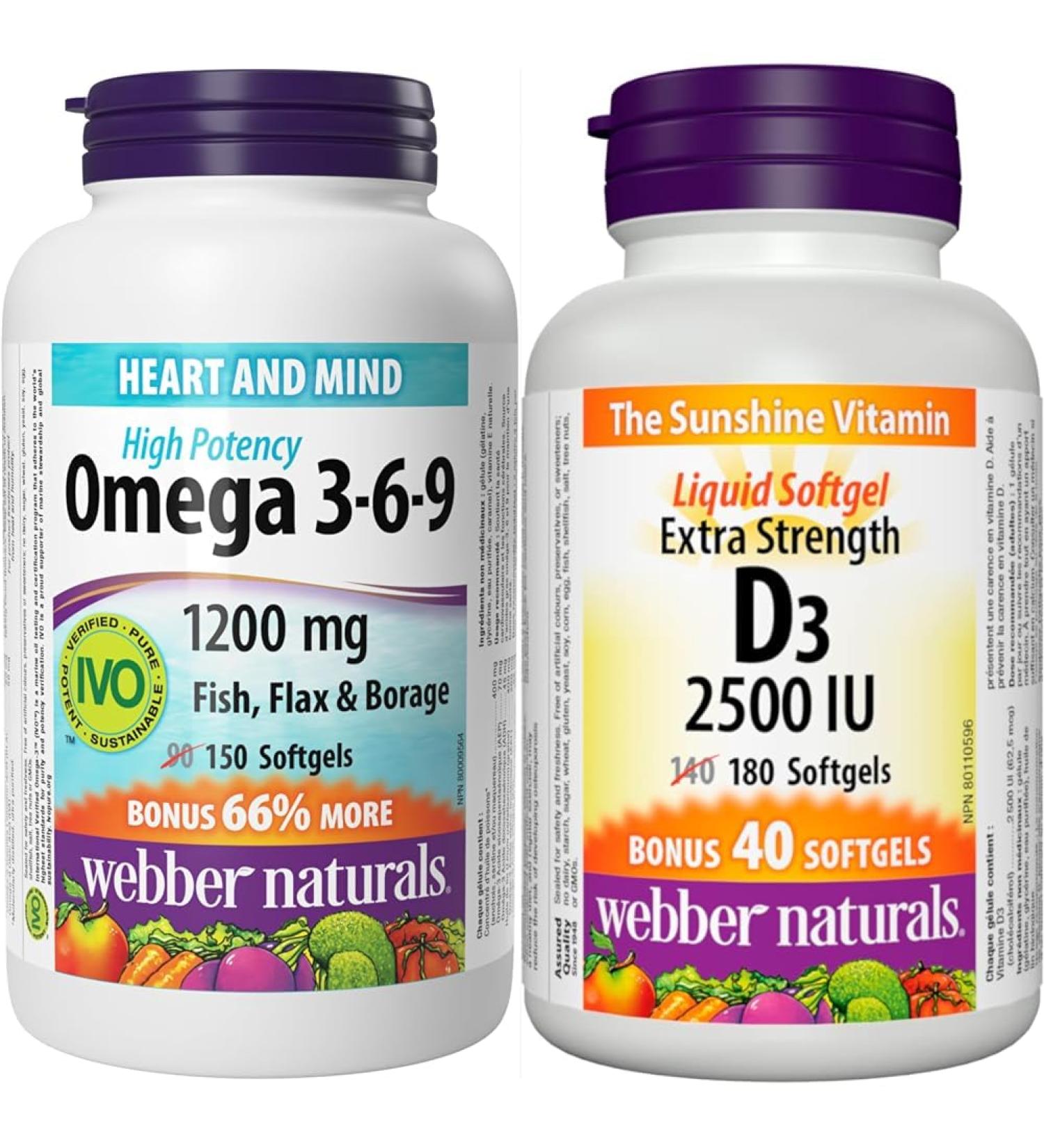 Webber Naturals Omega 3-6-9 1 200 mg Fish Oil & Vitamin D3 2500 IU Extra Strength 180 Softgels For Healthy Bones Teeth and Helps Prevent Vitamin D Deficiency Omega 3-6-9 + Vitamin D3 2500 IU - Buy Online on SooperMarket.com