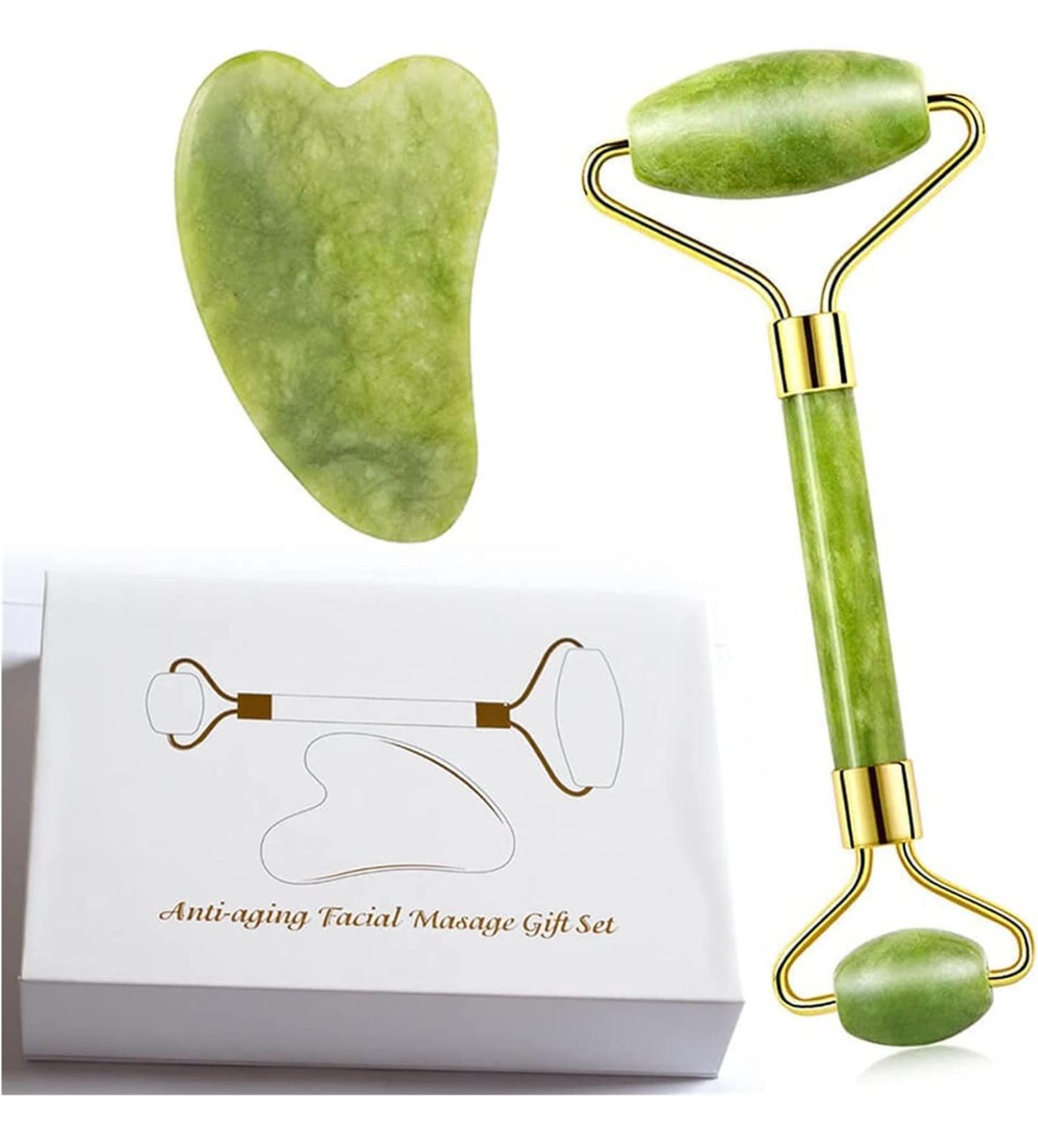 Natural Jade Gua Sha Scraper Board & Roller Set - Anti-Wrinkle Facial Massage Tool Gift Set - Buy Online on SooperMarket.com