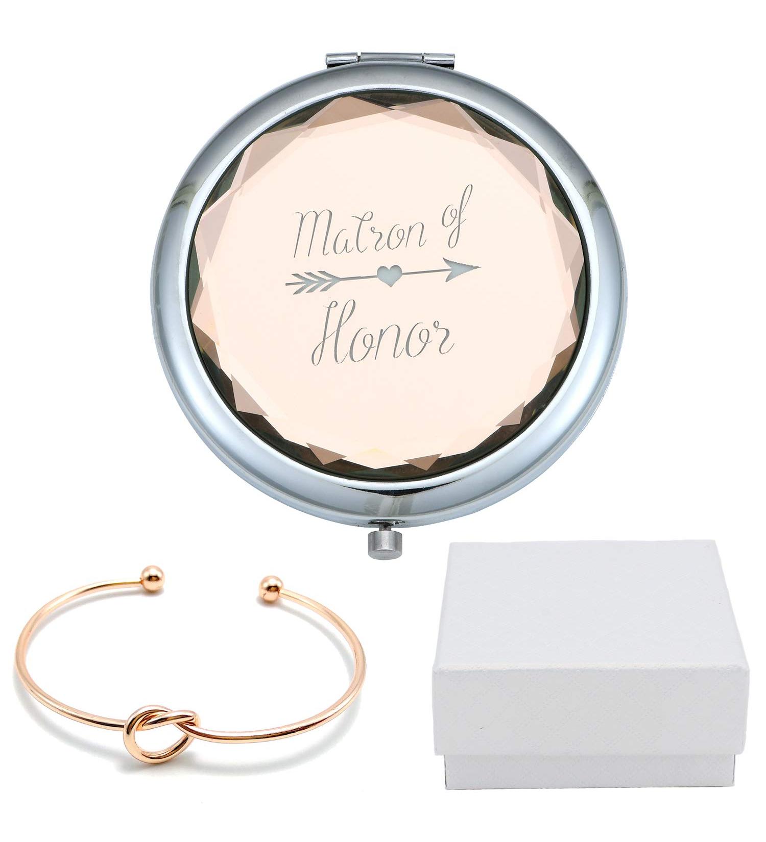 COFOZA Matron of Honor Champagne Compact Mirror & Rose Gold Knot Bracelet - Wedding Proposal Gift - Buy Online on SooperMarket.com