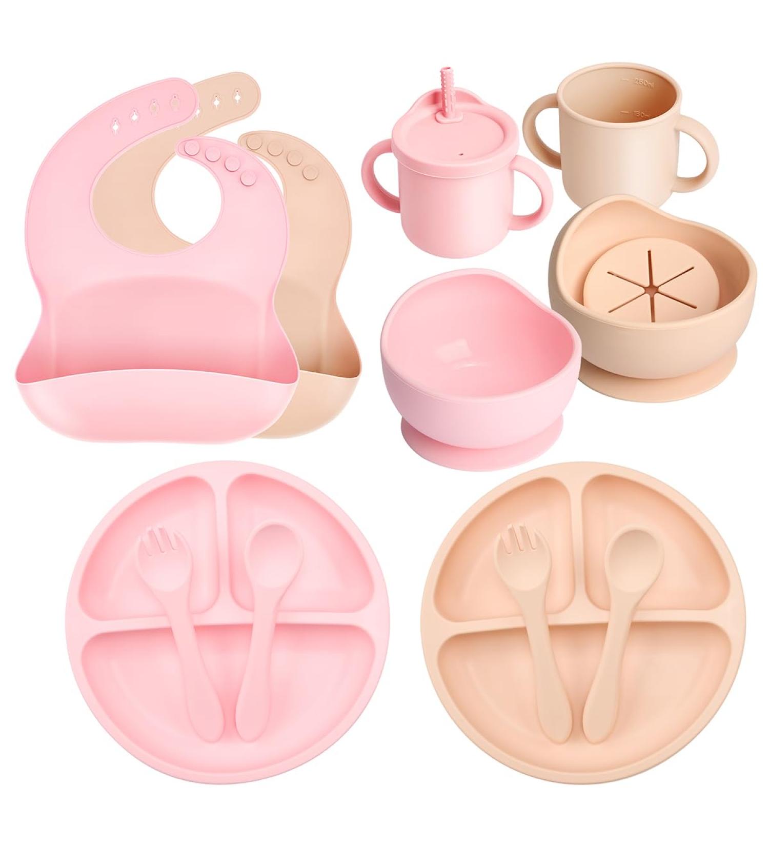 Shop Mumez 14-Part Children's Suction Plate Set - BPA-Free Silicone Baby Plates Bowls Cups & Bibs - Pink & Peach - International Shipping Available - Buy Online on SooperMarket.com