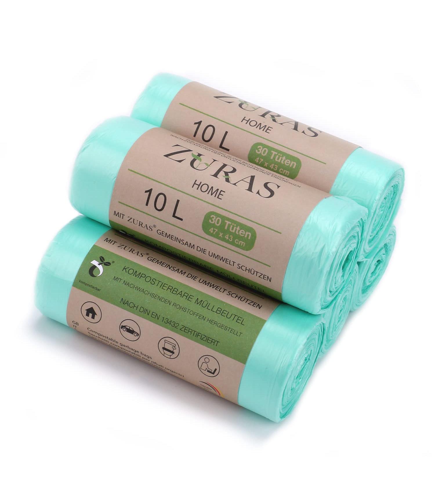 Zuras 10L Organic Waste Bags - 150 Compostable Biodegradable Tear-Resistant & Waterproof | DIN EN 13432 Certified - Buy Online on SooperMarket.com