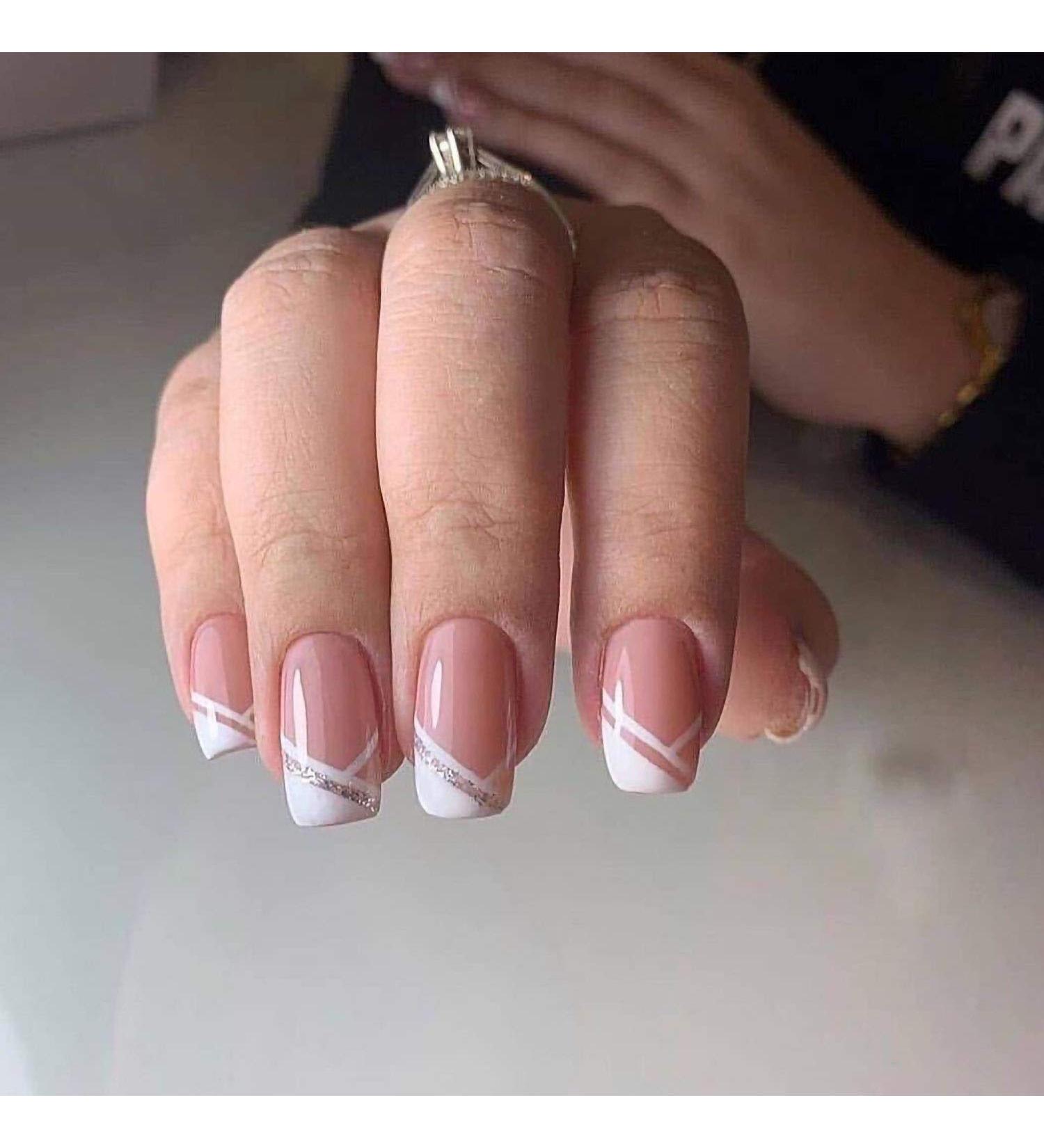 French Short False Nails - Pink Hypotenuse Square Press On Nails for Women & Girls | 24pcs Gift Set for Parties - Buy Online on SooperMarket.com